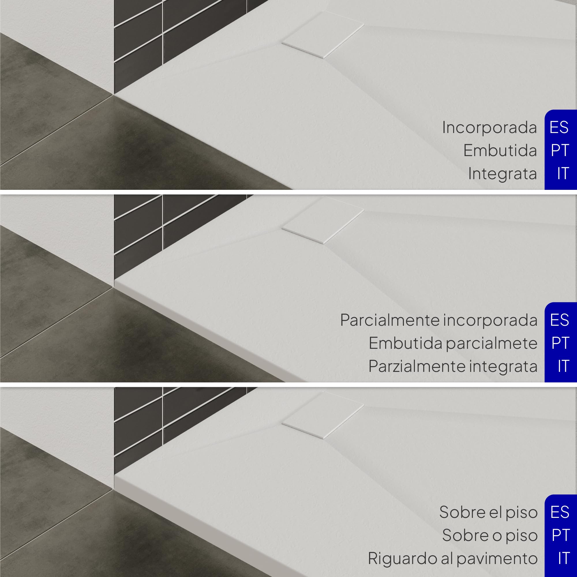 Plato de ducha SMC Boreal 140x80 cm, Blanco RAL 9016 – Antiderrapante, Textura Pizarra, Antibacteriano, Resistente a agentes químicos – Incluye válvula y rejilla