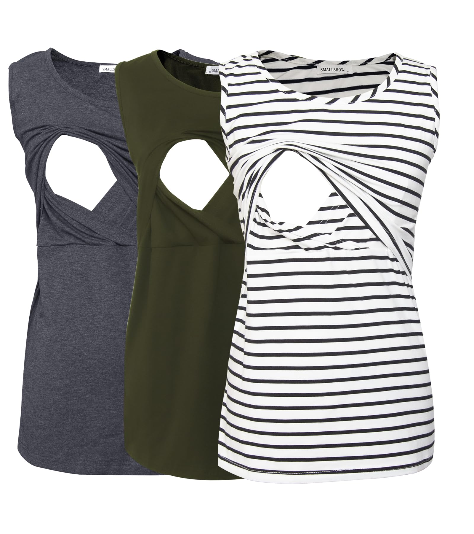 Smallshow Canottiere per Donna maternità Infermieristica Senza Maniche Top Canotta Allattamento in 3 Pezzi Army Green-Deep Grey-White Stripe S