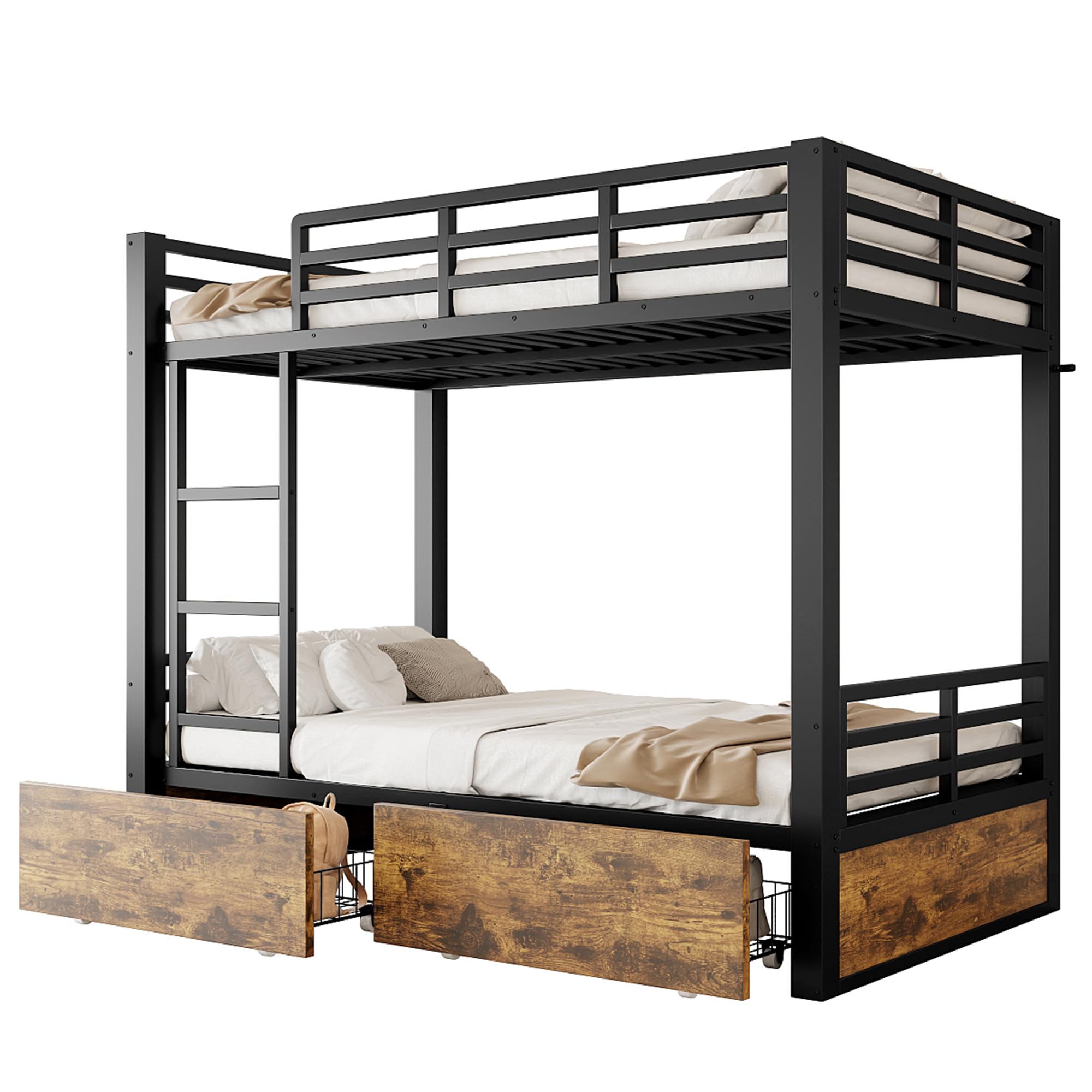 Azkoeesy Litera para dormitorio de metal resistente, 200 x 90 cm, con 2 cajones, escalera de metal resistente y barandilla de seguridad para adolescentes y adultos (90 x 200, negro)