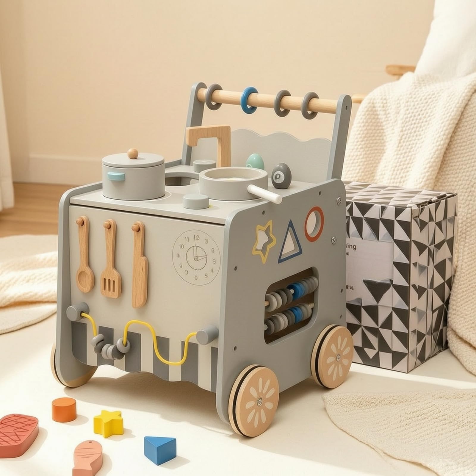 Carrello Educativo Bambini Giocattolo Cucina Carrello Attività Carro Spinta Legno Struttura Equilibrata Ganci Appendi Utensili Laterali