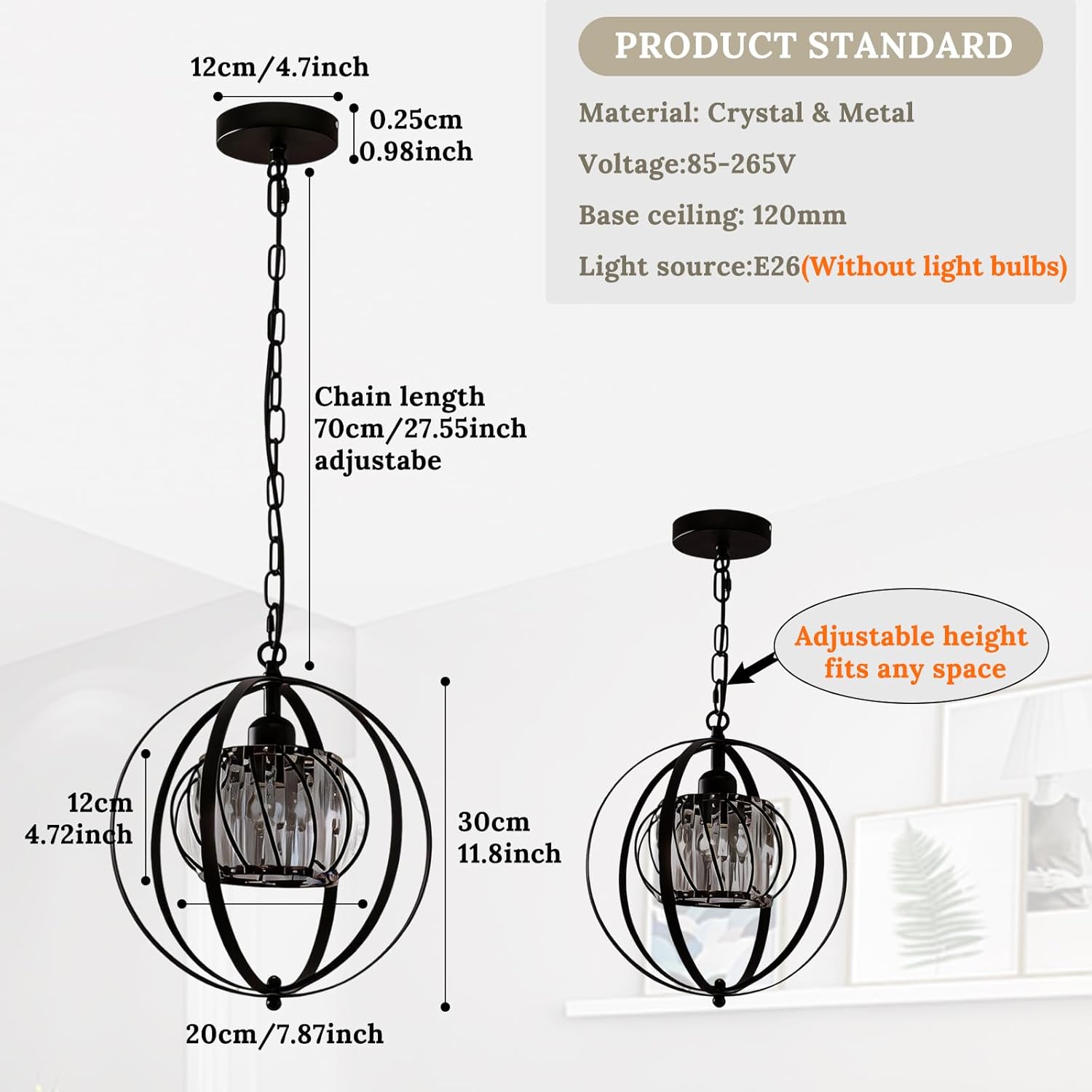FRIXCHUR Black Crystal Pendant Light, Adjustable Hanging Light Fixture with Pumpkin-Shaped Crystal Shade, E26 Base Metal Lantern Pendant Ceiling Light for Kitchen Island, Dining Room, Entryway, Foyer