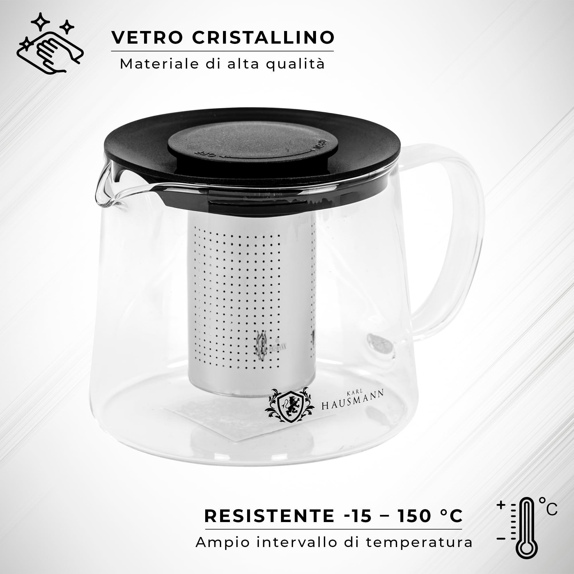 KARL HAUSMANN Teiera in Vetro 1L con Infusore - Tisaniera per Fornelli (gas, vetroceramica, elettrico) | Infusione Diretta, Beccuccio Antigoccia,Lavabile in Lavastoviglie