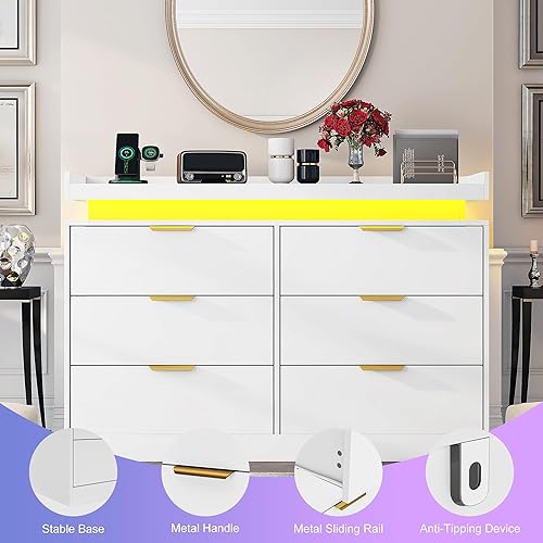 Miniatura 8 de Cómoda de 6 cajones para dormitorio, cómoda blanca con luces LED y toma de corriente, cómoda de madera, cómoda doble ancha para dormitorio, entrada