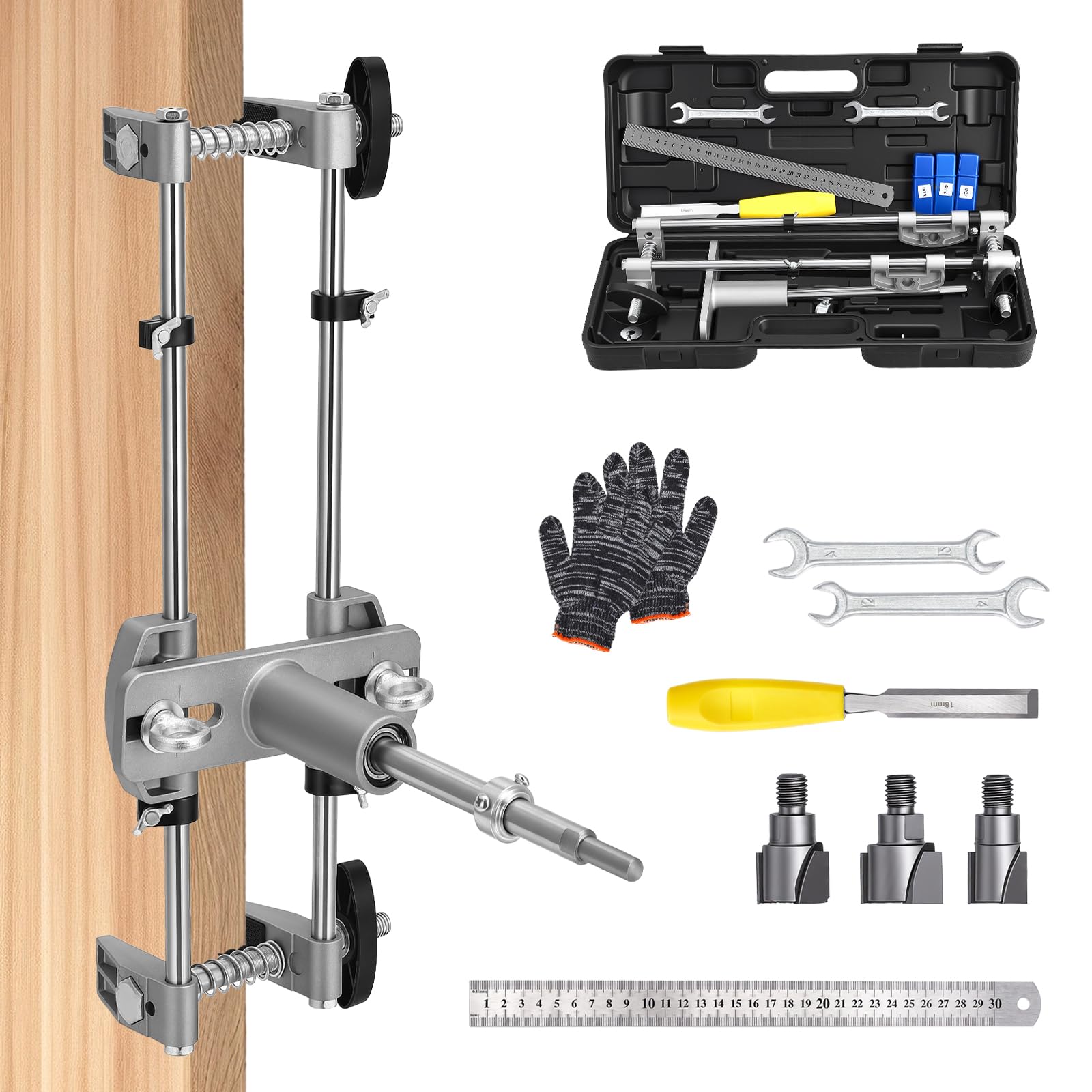 Door Lock Mortiser Kit, Lock Fitting Jig Maintenance Set, Door-Lock Hole Opener Jig with 18mm 22mm 25mm Tungsten Steel Cutters, Woodworking Hole Saw Opener Tool for Wooden Door Installation