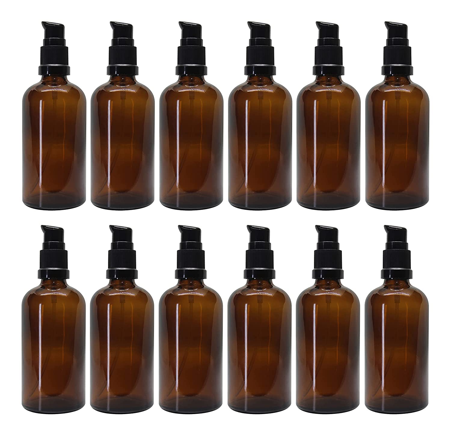 BH PLAST 100 ML Amber Color Round Empty Glass Bottle with Lotion Pump & Black Cap for Essential Oils, Blends, DIY Skin Care, Cosmetics, Multipurpose Bottle (Pack of 12)-image-24