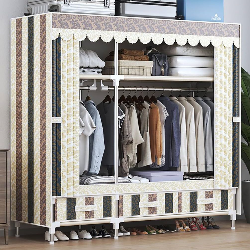Armario para colgar ropa de metal con doble cortina y caja de almacenamiento portátil
