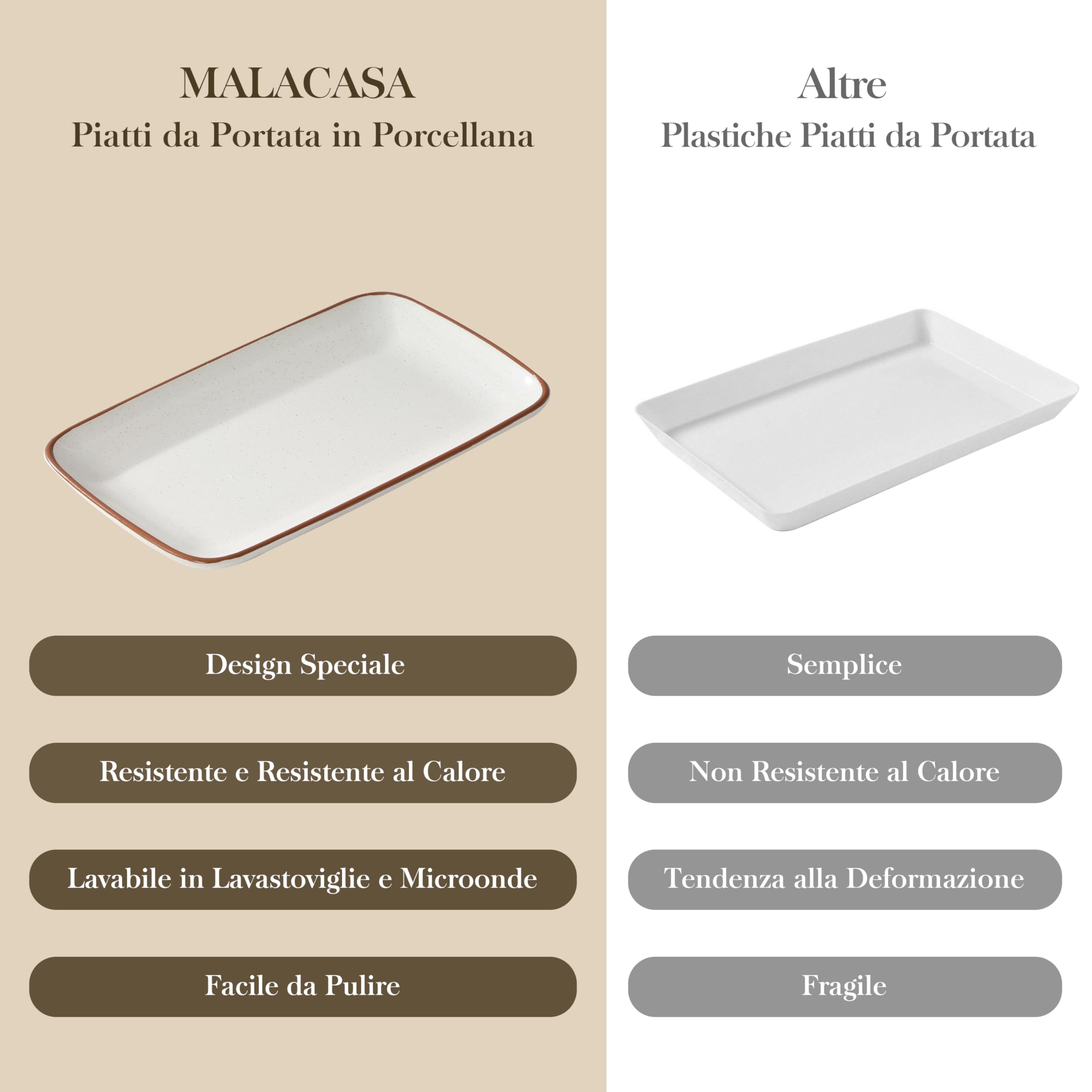 MALACASA Set di 6 piatti da portata rettangolari in porcellana da 24,1 cm, piatti da sushi, piatti per servire alimenti, dessert, lavastoviglie e microonde, serie Tara
