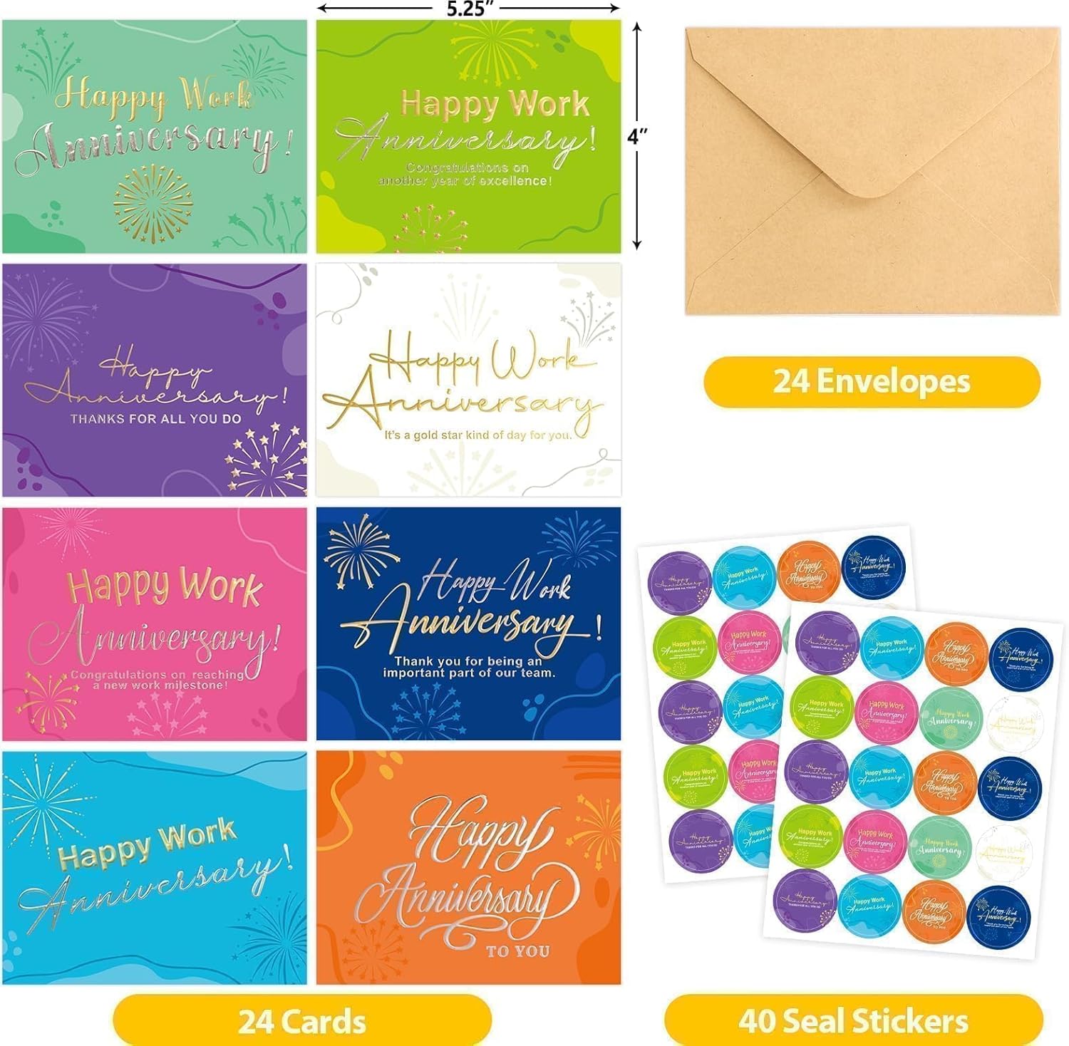 Fancy Land Colorful Work Anniversary Cards 48 Pack Embossed Business Employee Appreciation Cards with Envelopes Blank Inside