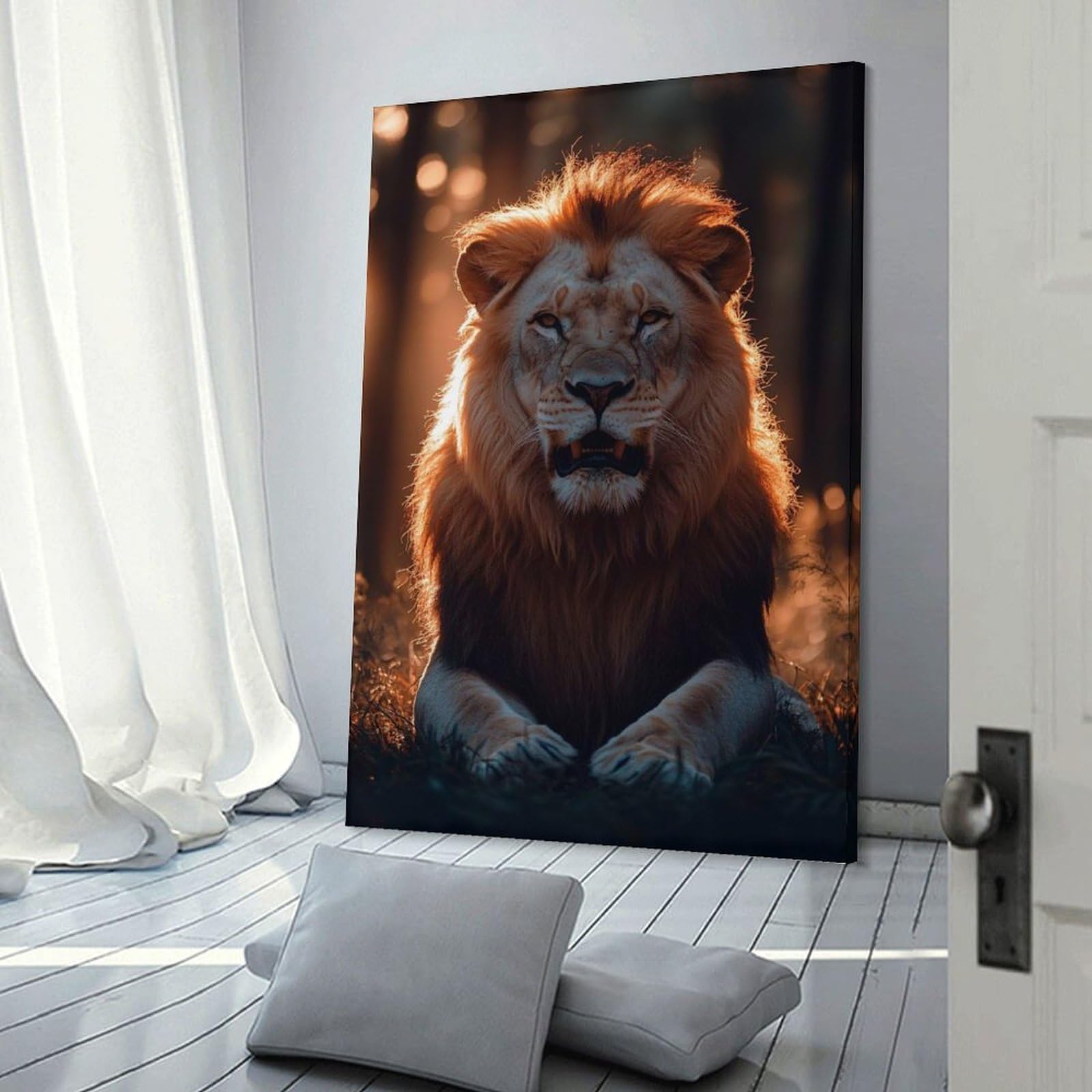 Junmoney Frame-Style-17 Majestic Lion Portrait In Golden Light Wall Decor Canvas Print, 20X30inch(50X75cm), For Flats, Guest Rooms Or Compact Rooms, A Simple Refresh For Blank Walls