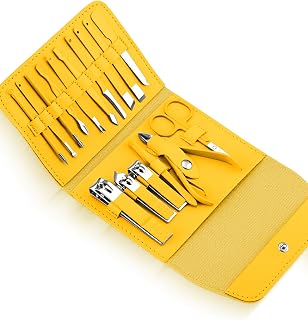 16-Piece Professional Manicure & Pedicure Kit - Comprehensive Nail Care Set with Stainless Steel Tools and Leather Case Yellow