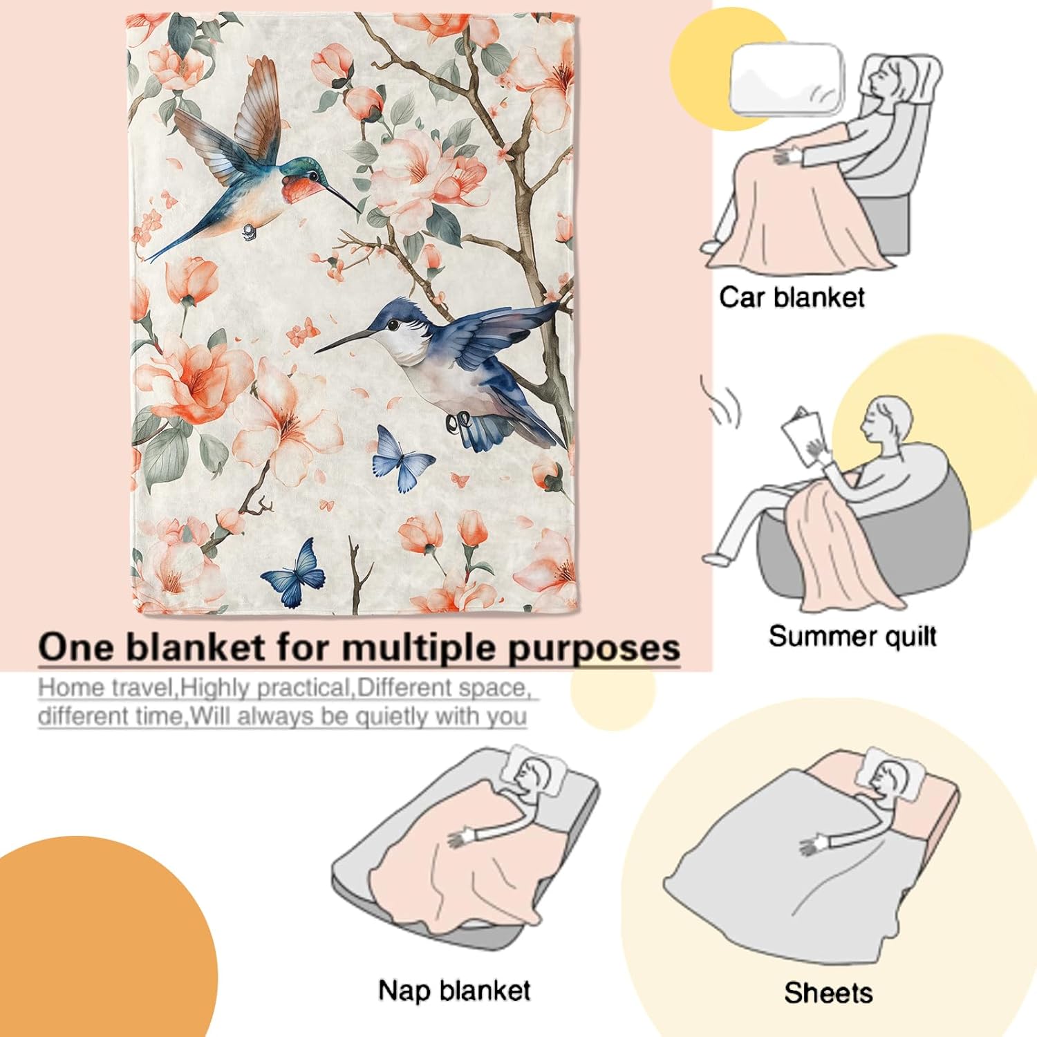 Colorful Hummingbird Blanket with Elegant Bird Butterfly and Peach Floral Throw Blankets Lightweight Flannel Throws for Camping Couch Bed Nature Art Home Decor Gifts for Adults,60x50inch
