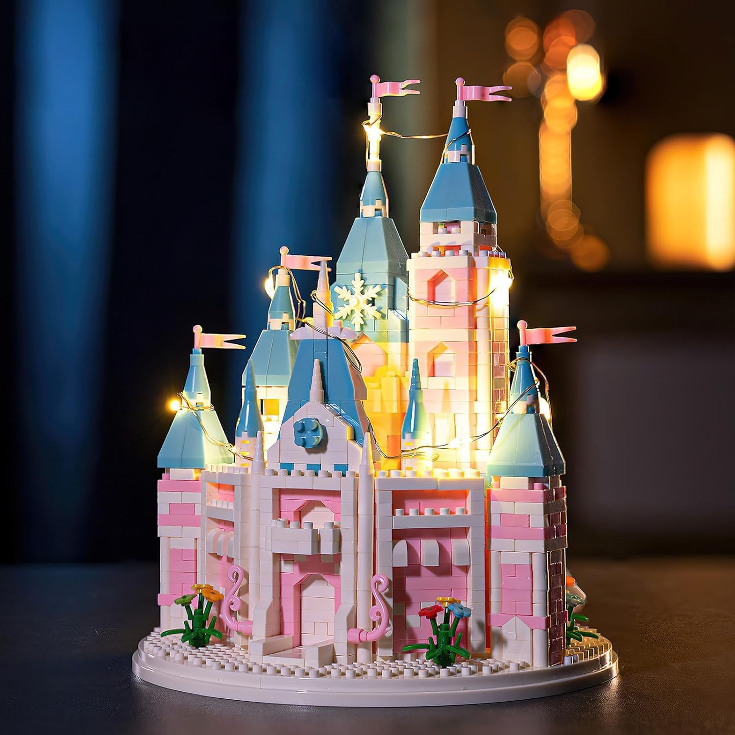 Insgen Pink Castle Micro Building Blocks Set illuminated with string lights