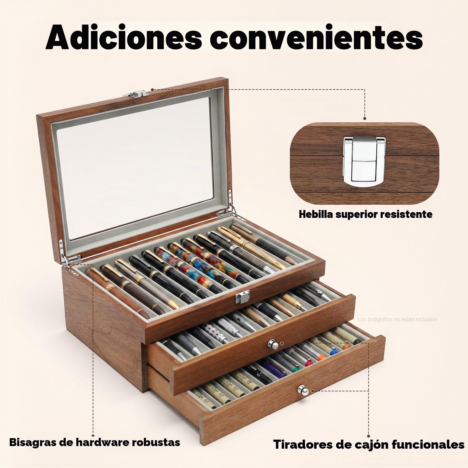 Vitrina de madera para pluma estilográfica, 3 capas, 34, pluma estilográfica, caja de lápices grande, diseño sencillo (madera de nogal)