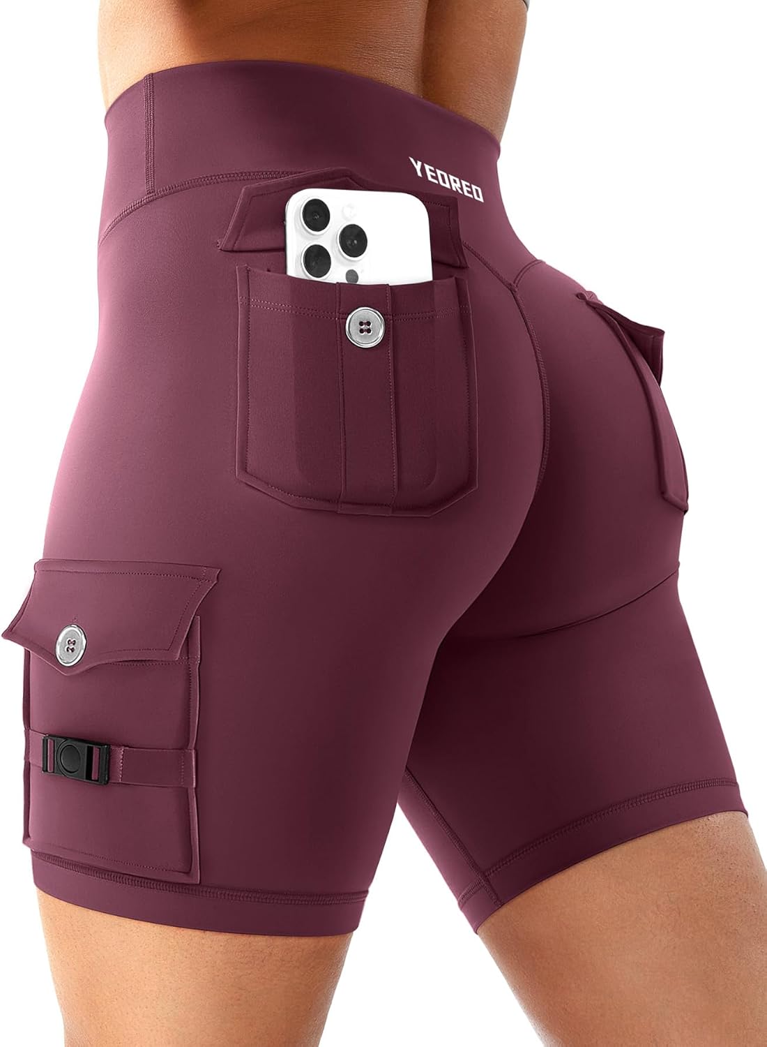 YEOREO CoreFlex Women Workout Biker Shorts with Cargo Pockets Hidden Scrunch High Waisted 8″ Inseam Gym Shorts