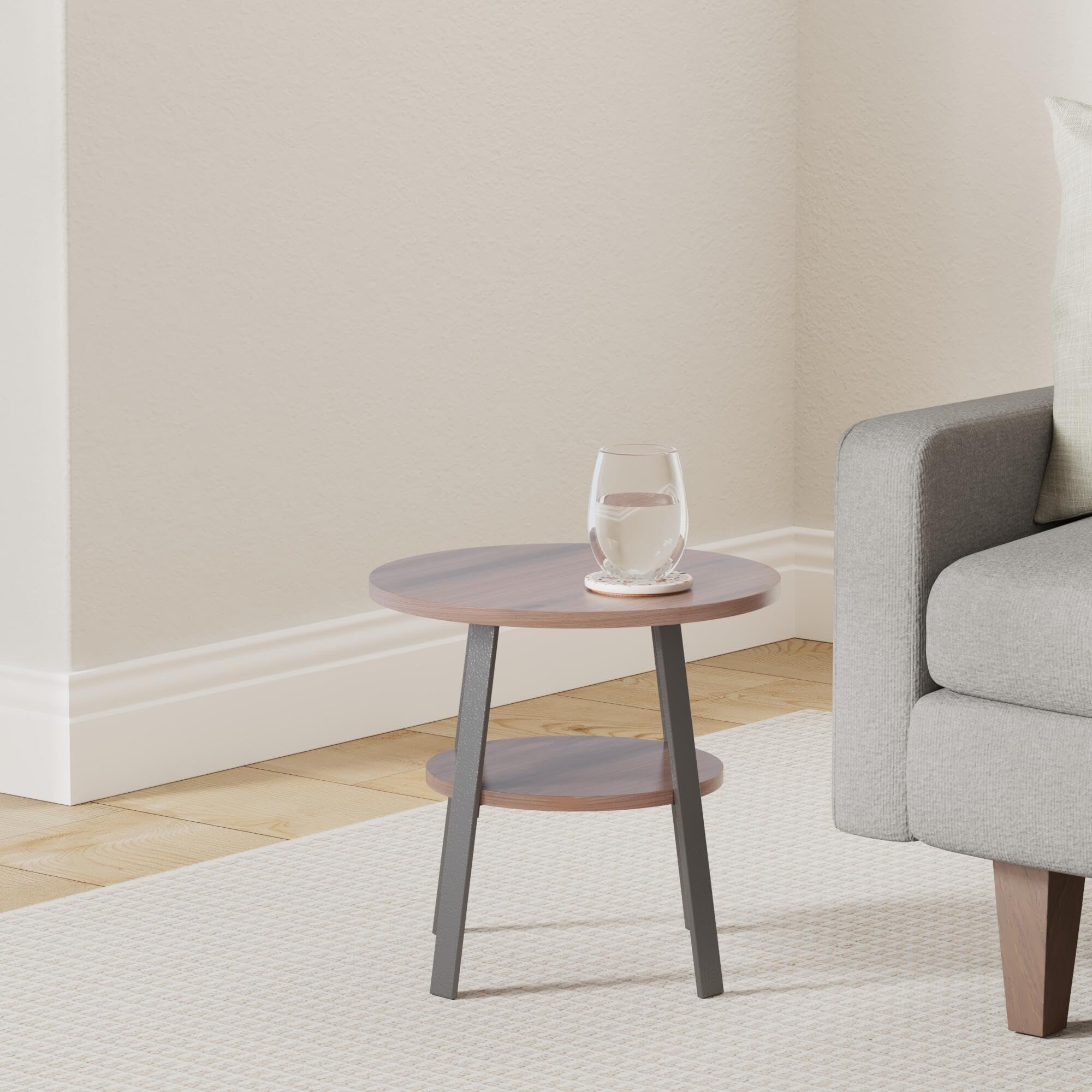Beistelltisch rund stabiles Metallgestell/Holz Ø43xH 44 cm, 2 Ablagen Nachttisch Couchtisch für Wohnzimmer Schlafzimmer, Walnuss-Optik