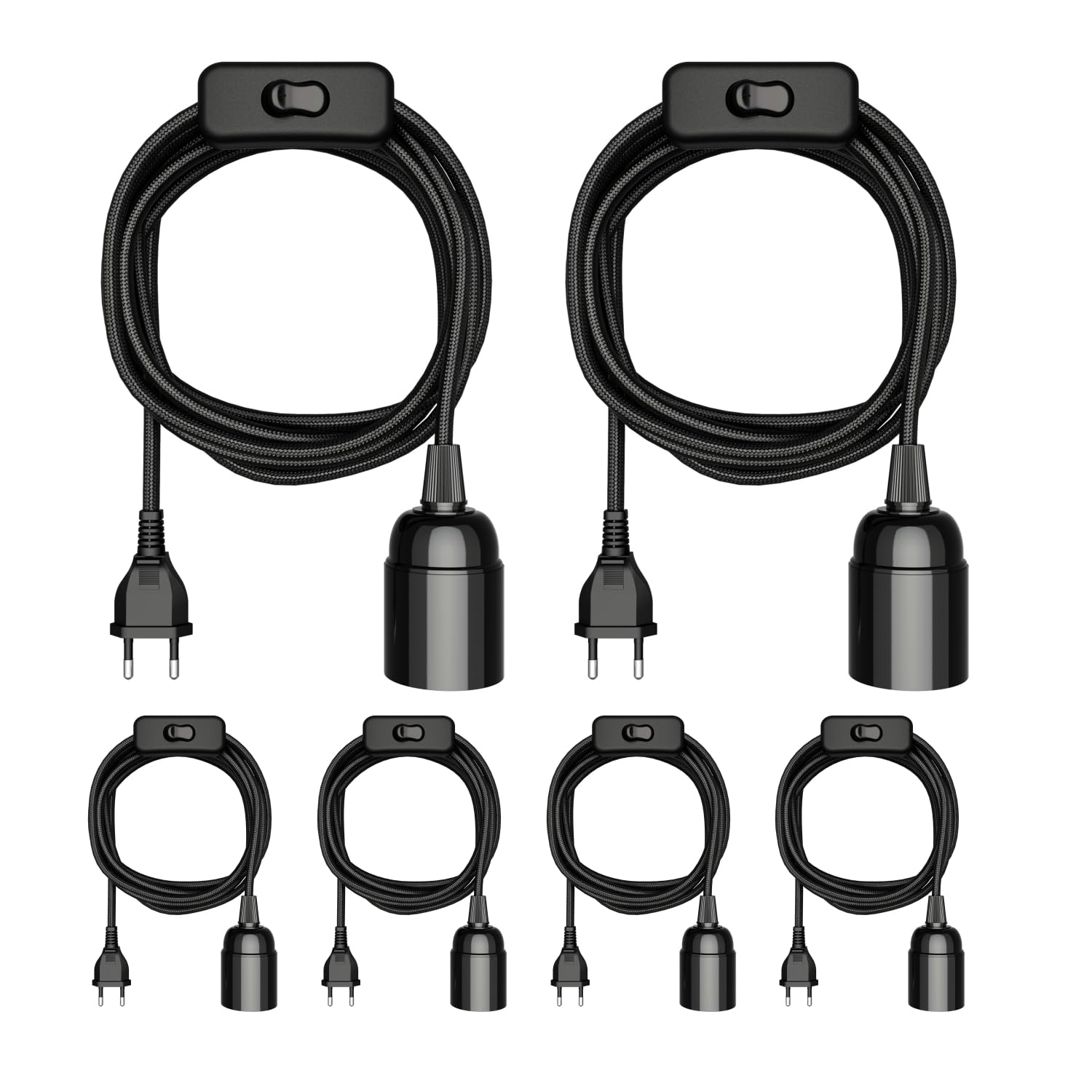 ledscom.de 6 cables textiles LEHA, con enchufe e interruptor, 3 m, negros, casquillo para bombillas E27, 1 E27 máx. 60 W