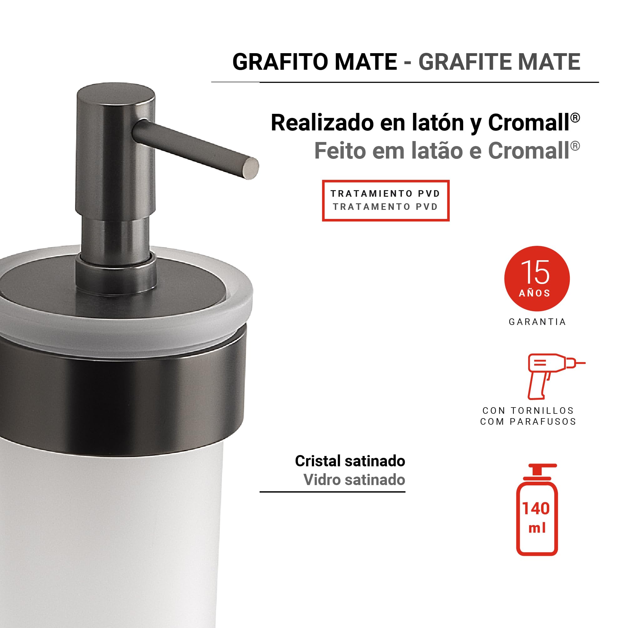 Gedy Pirenei Dosificador Jabón Latón Cristal Satinado Gun Metal | L6,9 x P10,5 x H15,1 cm | Latón/Cristal/Plástico | Pared tornillos+tacos | Gun Metal | PVD