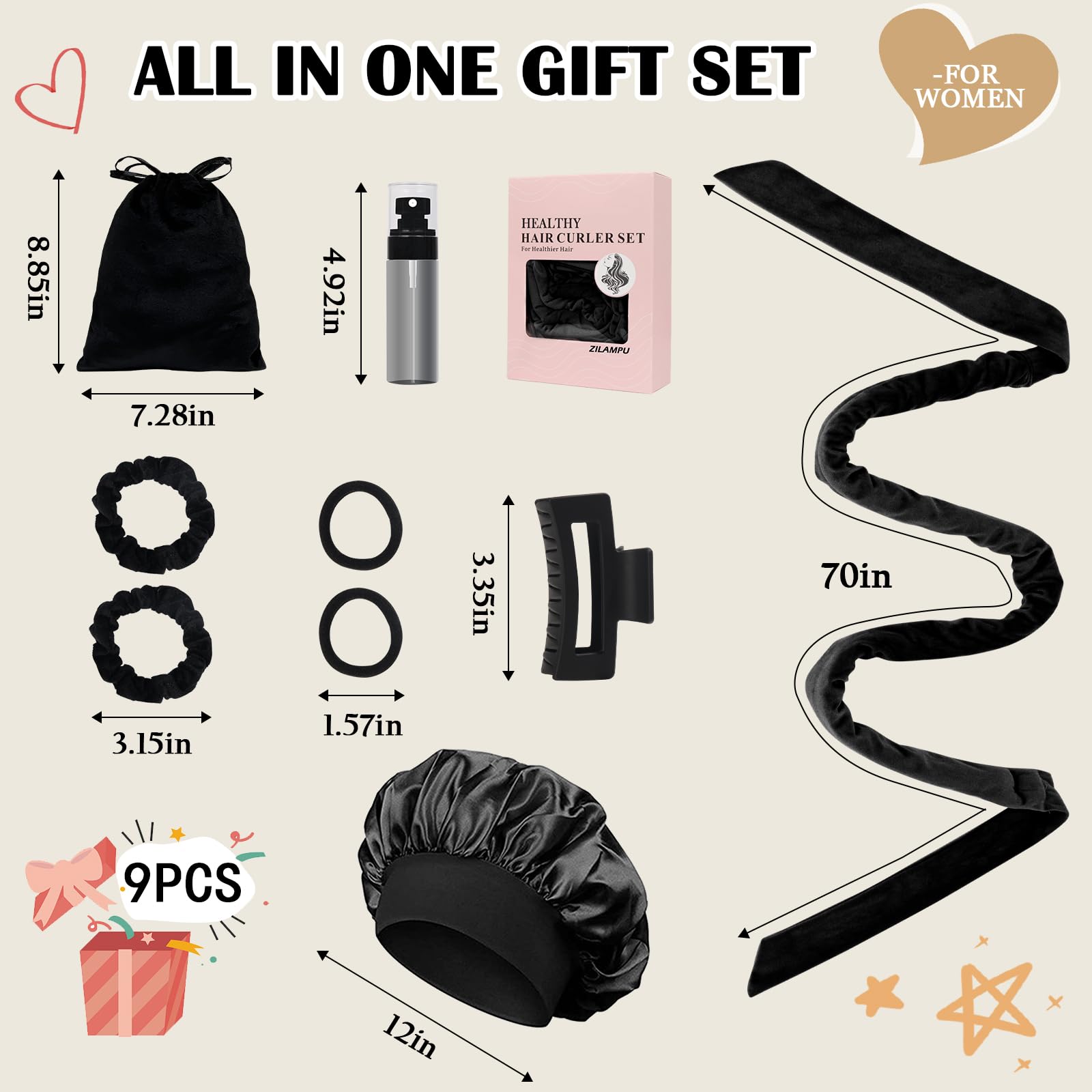 ZILAMPU No Heat Overnight wałki do włosów dla kobiet, 178 cm, miękka opaska na głowę z 9 wałkami do włosów, do długich, falowanych loków, zestaw prezentowy, czarna