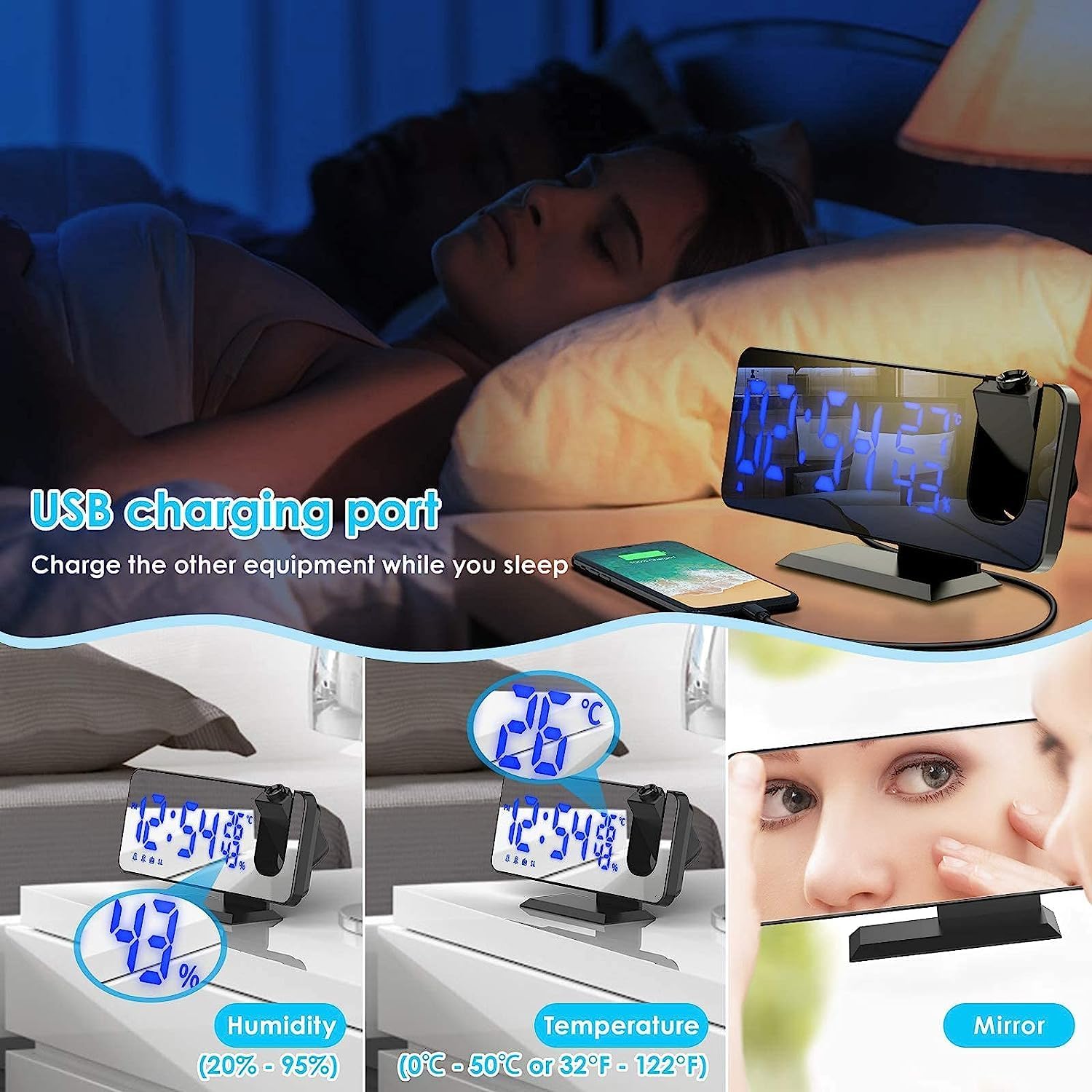 TAKRINK Digital Projection Alarm Clock USB charging port