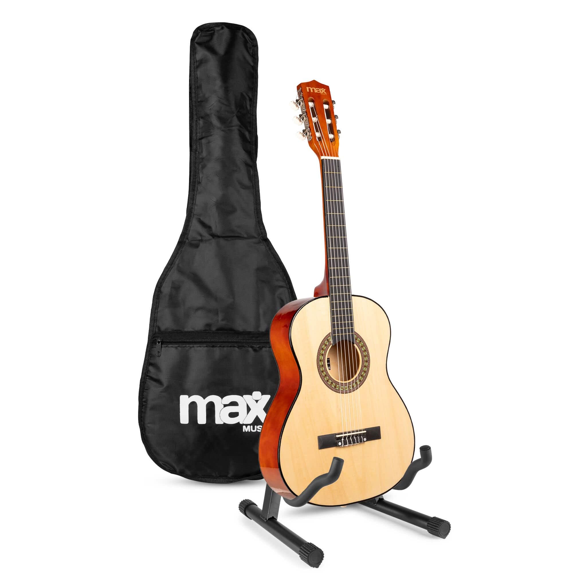 MAX SoloArt Junior 3/4 Guitarra Clásica para Niños - Set Completo con Funda Mochila, Soporte MAX GP20, Afinador Clip, Púas y Cuerdas de Nailon - Ideal para Principiantes de 8 a 12 Años