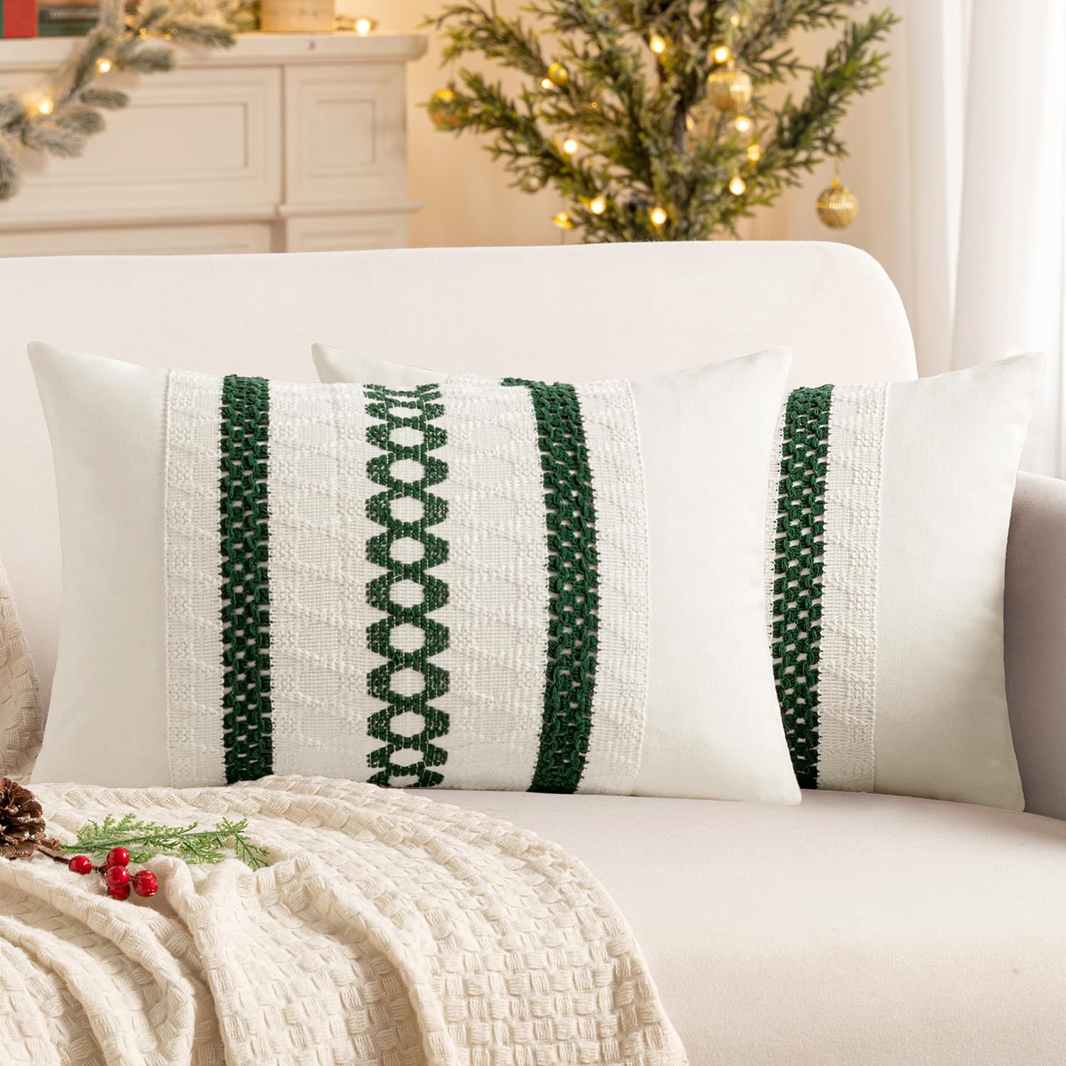 MIULEE Set of 2 Dark Green Boho Christmas Decorative Lumbar Pillow Covers 12x20 Inch Farmhouse Rustic Couch Throw Pillows Modern Cotton Cushion Cover