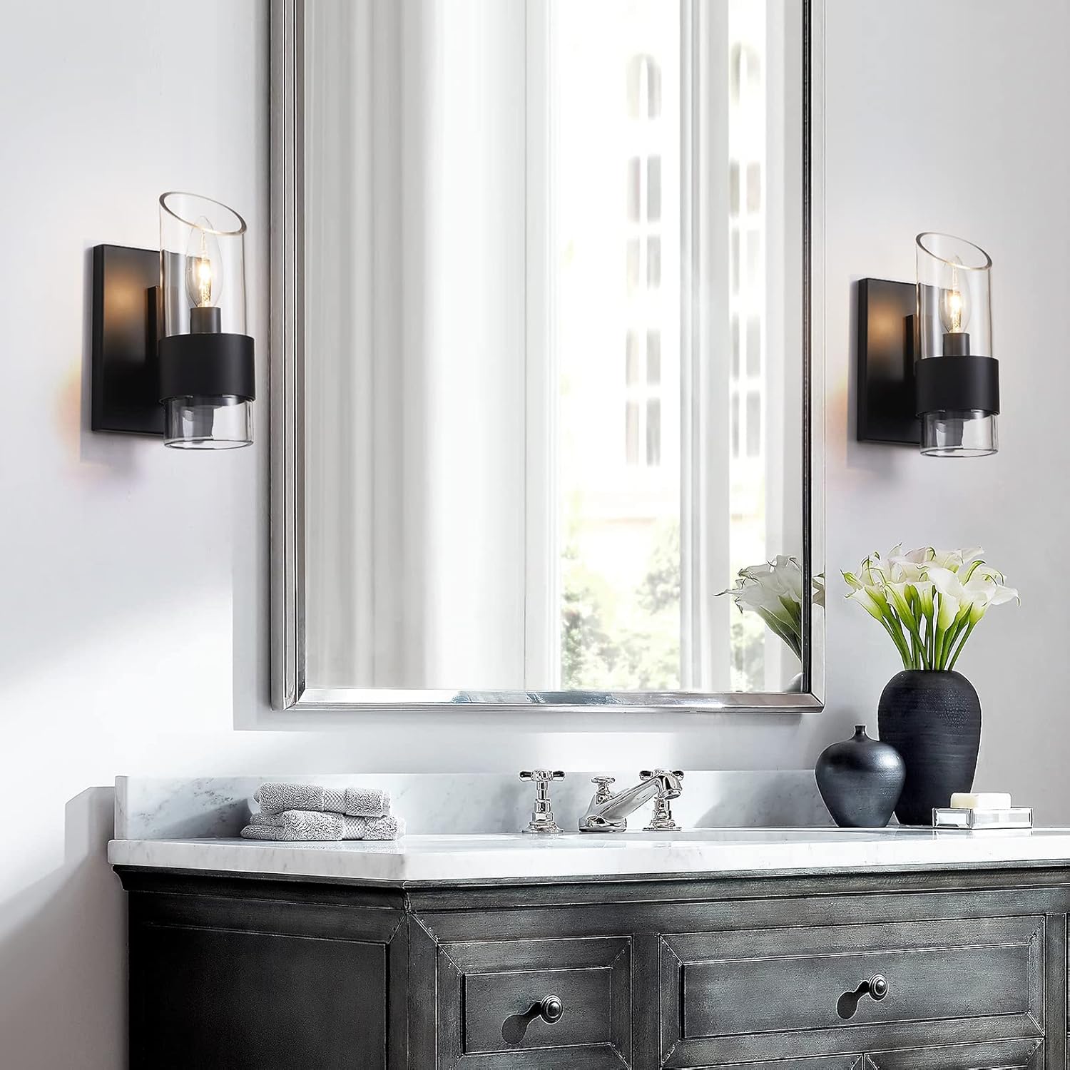 WUZUPS Set of 2 1-Light Bathroom Wall Light Fixture Over Mirror Class Shade Morden Vanity Scones for Bathroom Bedroom Living Room, E12 Base, Black