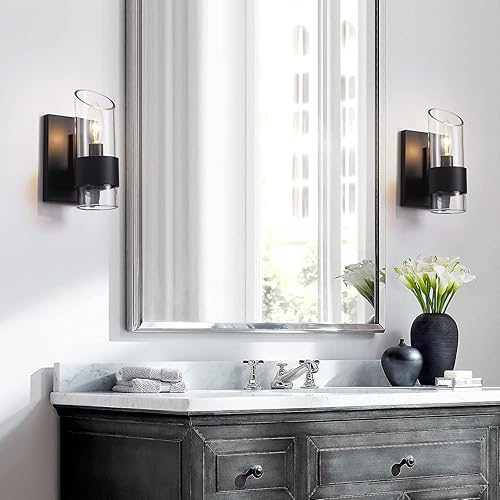 Miniatura 8 de WUZUPS Juego de 2 lámparas de pared de baño de 1 luz sobre espejo con pantalla de clase moderna para baño, dormitorio, sala de estar, base E12, negro