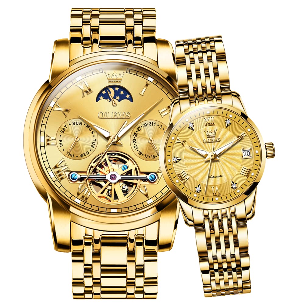 OLEVS Gold Couple Automatic Watches for Men and Women His and Hers Watch Set Gifts Mechanical Self-Winding Tourbillon Big Face Dress Wrist Watch with Day Date Calendar Golden