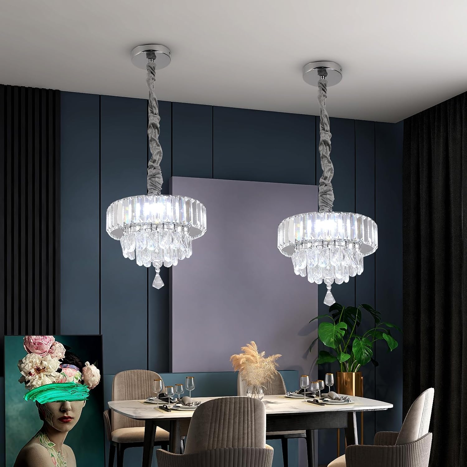 Crystal Pendant Light Modern Chandelier Small Hanging Light for Kitchen Island Semi Flush Mount Ceiling Light Mini Chandeliers for Foyer Dining Room Ceiling Light Fixtures