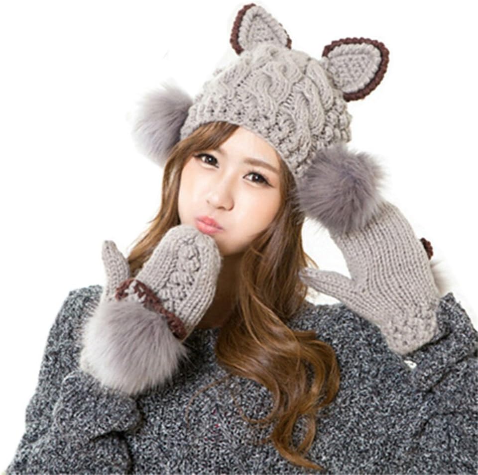 Handmade Knitted Ear Hat Fur Pom Beanie&Gloves Suits Winter Hat Grey