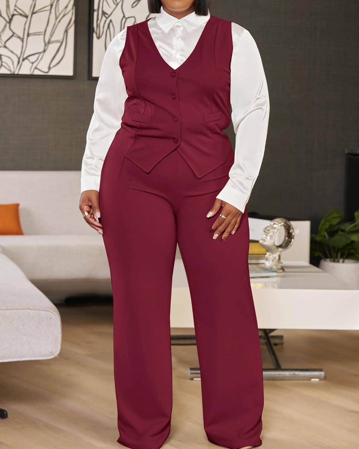 Women's Plus Size Pant Suits 2 Piece Outfits Button Vest Blazer Pockets Wide Leg Pants Sets Casual Pantsuits - Image 8