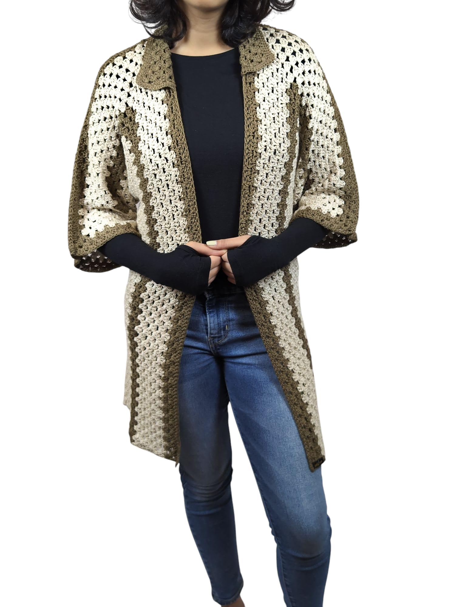 Crochet Cardigan with 3/4 Sleeves, Brown and Cream Colour, Open Front Design, Knit Pattern-image-31