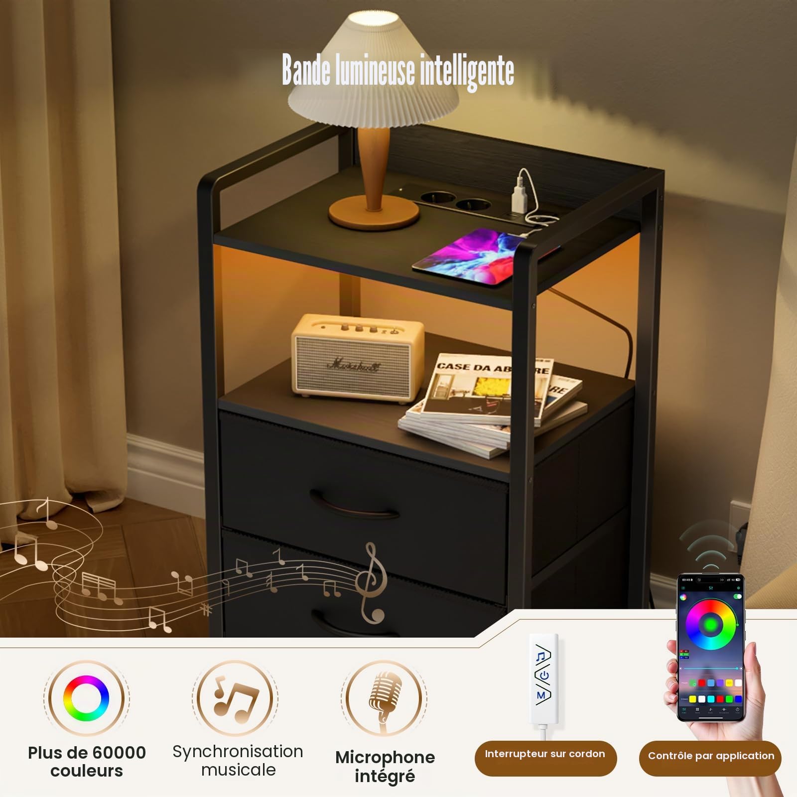 YOUDENOVA Table de Chevet Lot de 2, Couleur et Mode d'Éclairage LED Réglables, Table de Nuit avec Prise Intégrée, 2 Tiroirs et 2 Étagères Ouvertes pour Chambre à Coucher, Moderne, Noir