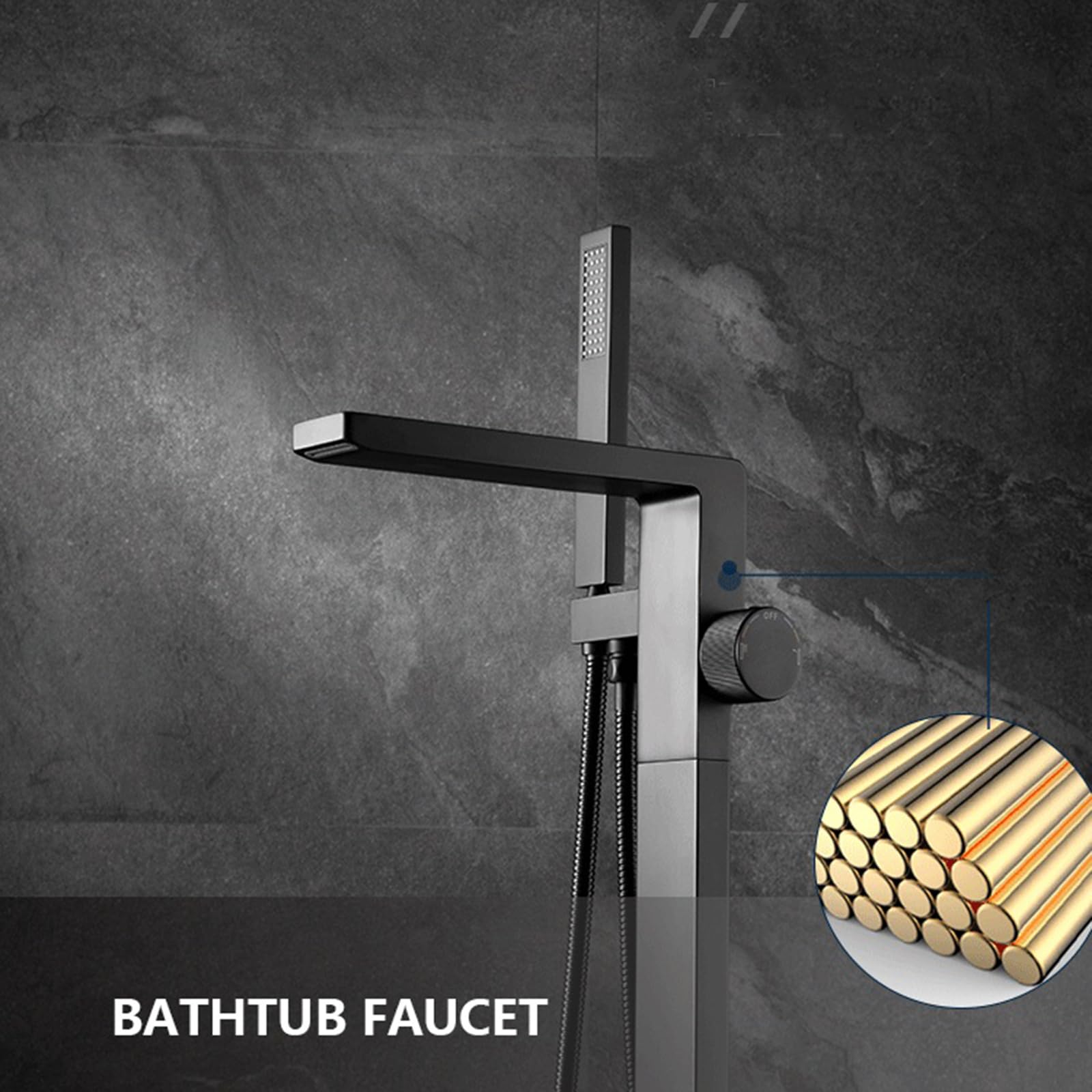 Bateria wannowa z baterią natryskową, bateria wannowa, wodospad, wolnostojąca, czarna, jednouchwytowa, obrotowa o 360°, wolnostojąca, z przełącznikiem przyciskowym
