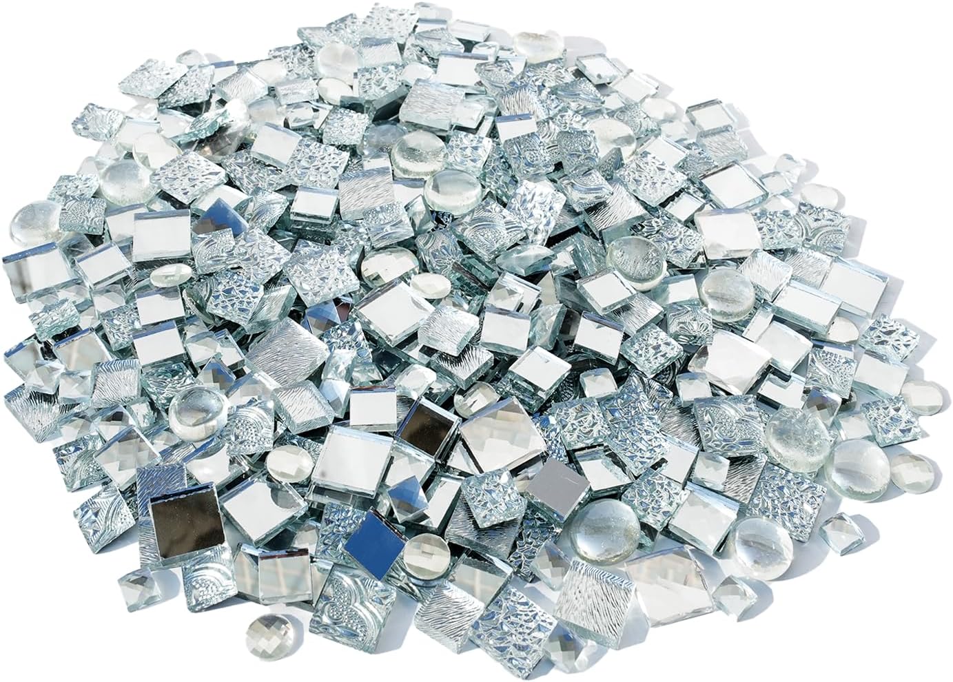 2.2 lbs Real Mirror Tiles for DIY Mosaic Crafts, 15mm & 20mm Silver Textured Mosaic Squares with Mixed Shapes and Iridescent Clear Glass Gems – Glass Mosaic Set for Decorative Projects