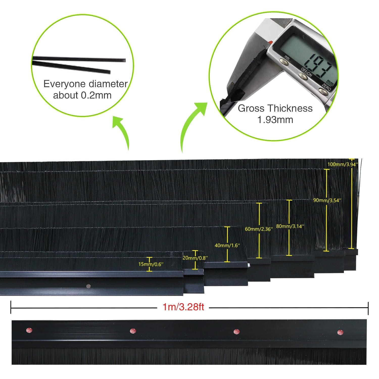 2 Paquetes de Barredor Inferior para Puerta - 1000mm x 90mm - Soporte en Forma de H de Aleación de Aluminio Negro con Cerdas de Nylon