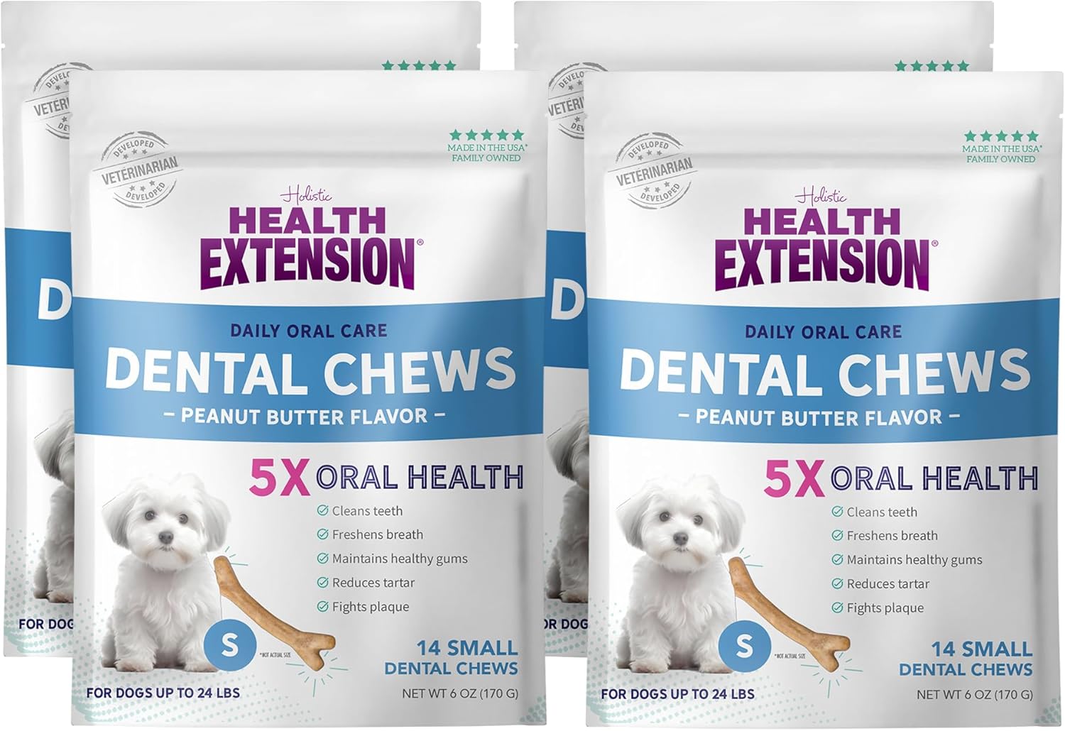Health Extension Peanut Butter Dental Bones for Dogs, 14 Small Bones, Healthy Gums, Freshens Breath, Cleans Teeth, Training or Reward 6 oz Bag (Pack of 4)