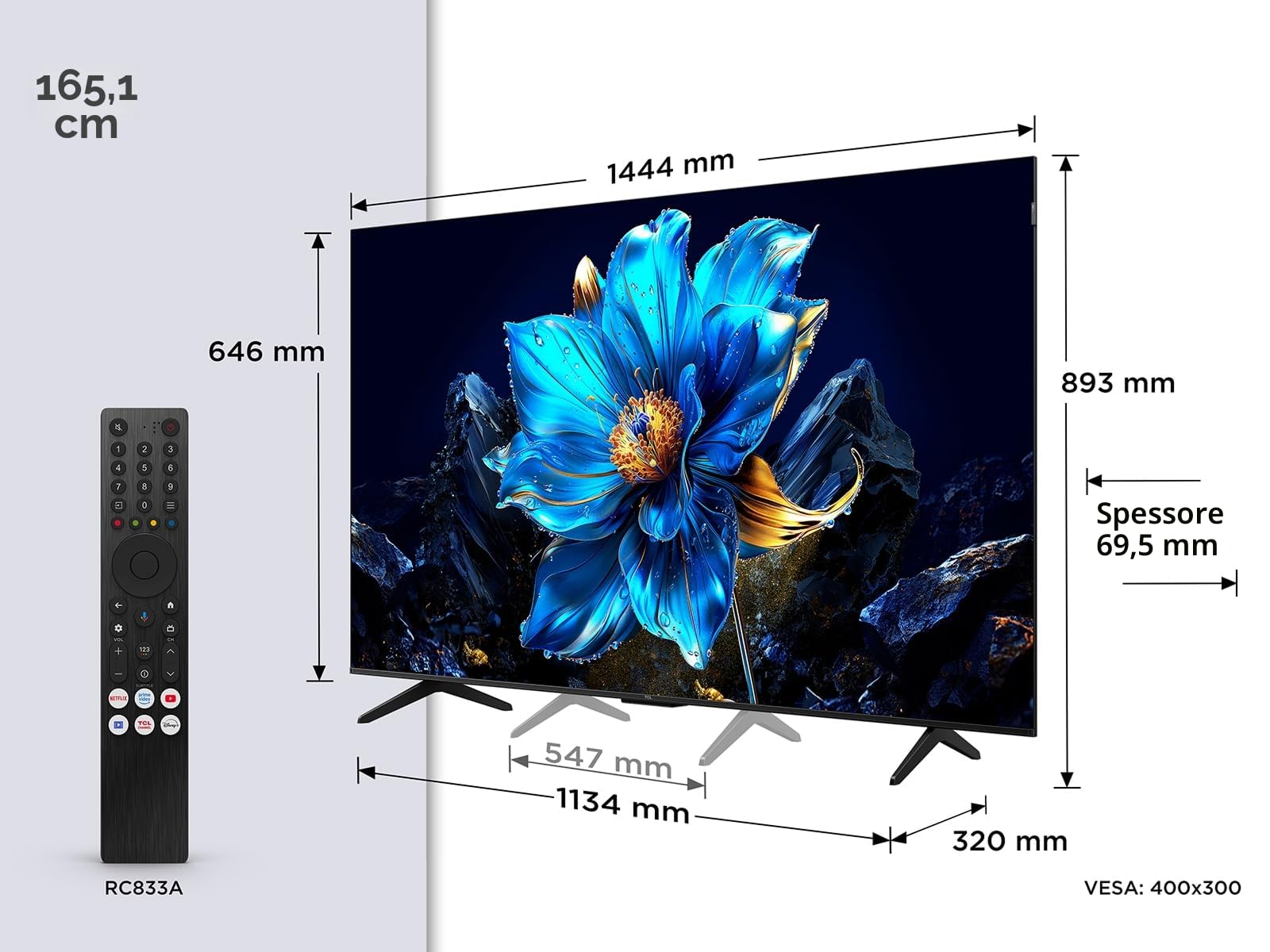 TCL 65P7K 65”QLED 4K HDR TV, Google TV, Smart TV(Dolby Vision & Atmos, Game Master, Motion clarity)