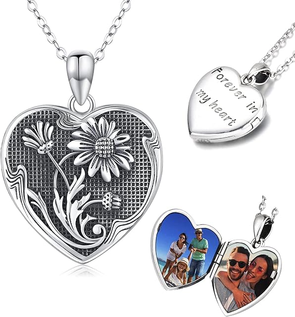 Sunflower Locket Necklace for Women, 925 Sterling Silver Love Heart Locket Necklace That Holds Pictures, Sunflower Engraved Pendant for Women Girls, Forever in My Heart Memory Jewellery Gift