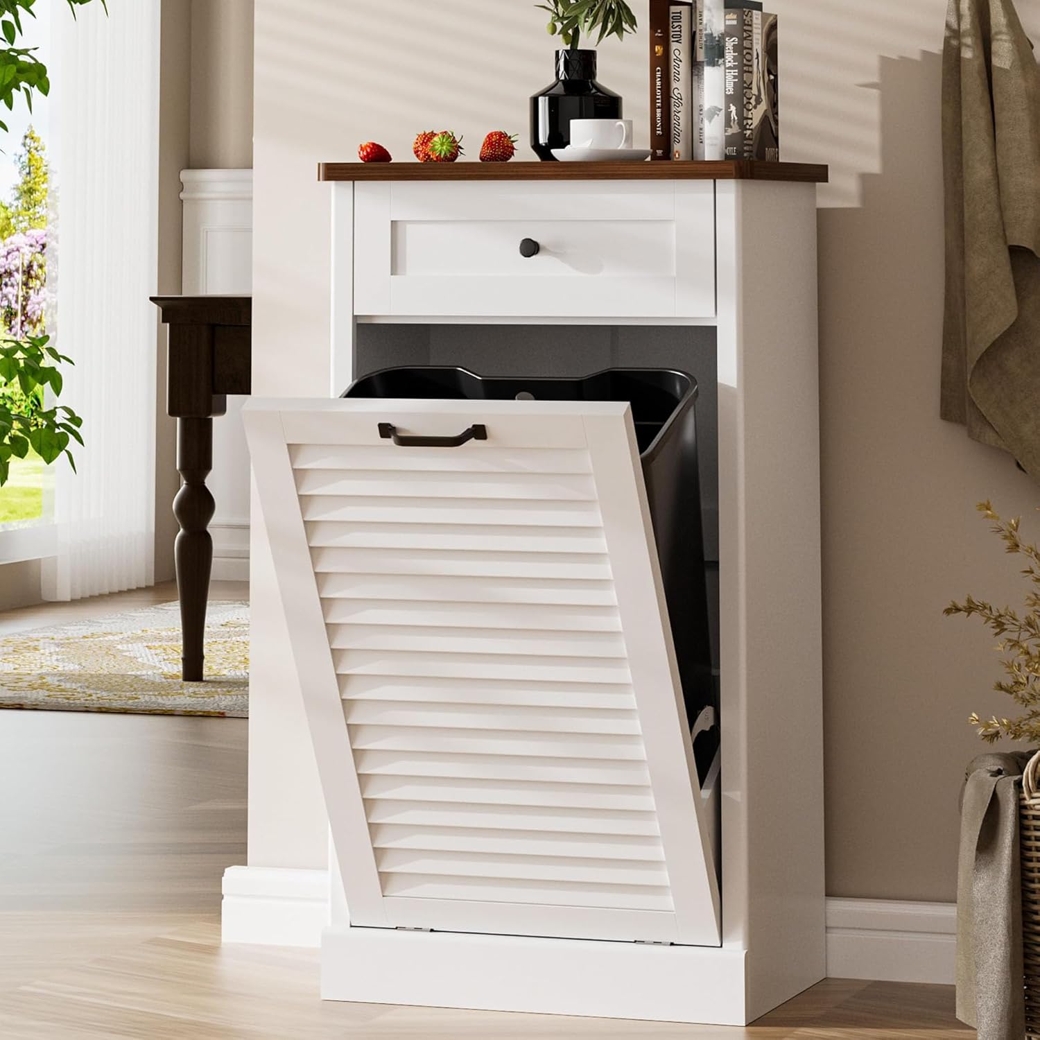 Spurgehom 13 Gallon Tilt Out Trash Can Cabinet with Louvered Door, Freestanding Trash Cabinet Garbage Can Cabinets with Hideaway Drawers for Kitchen Living Room, White