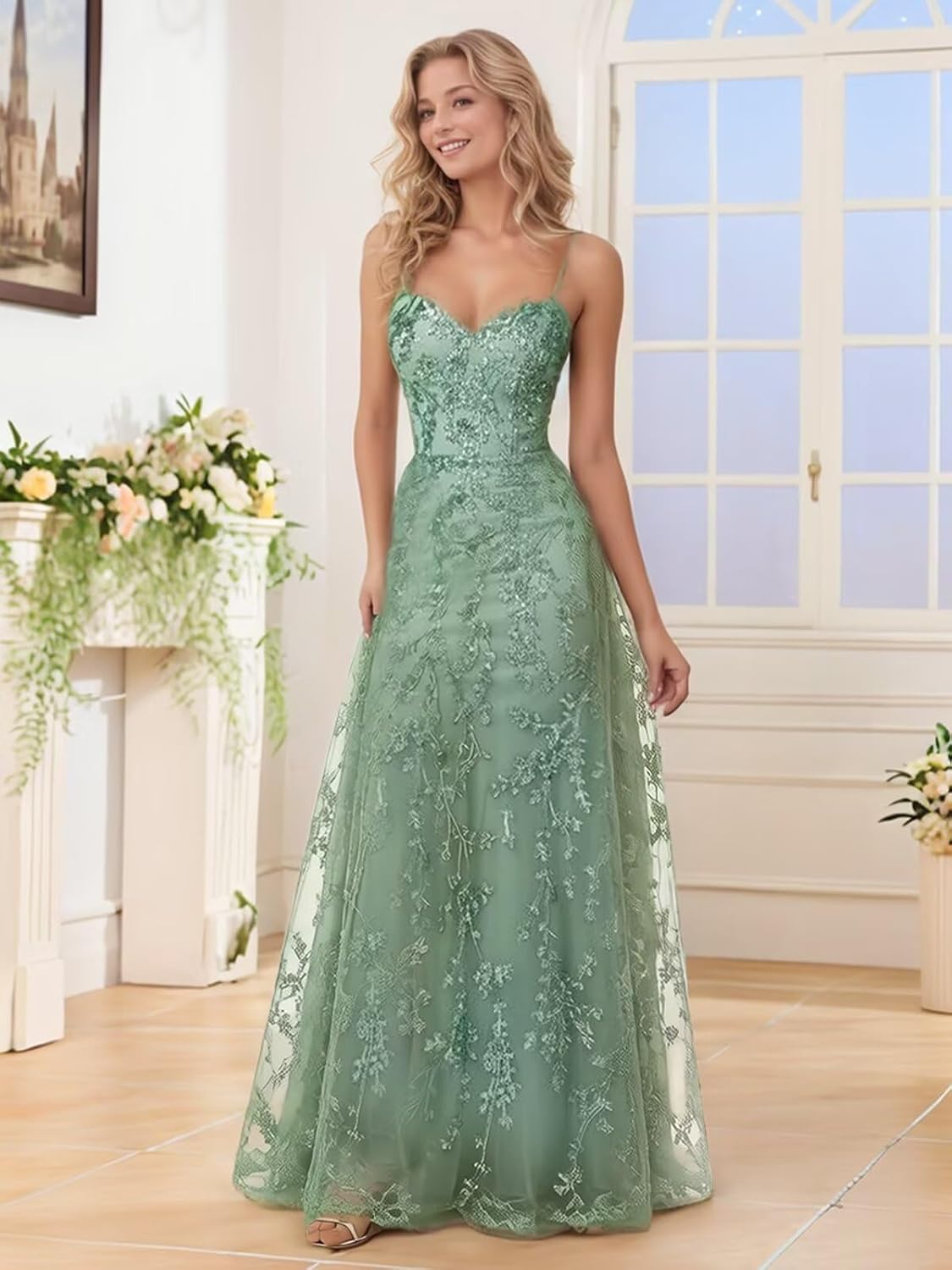 Spaghetti Strap Sparkly Prom Dress for Women Long Tulle Formal Dress Laces Evening Party Gown