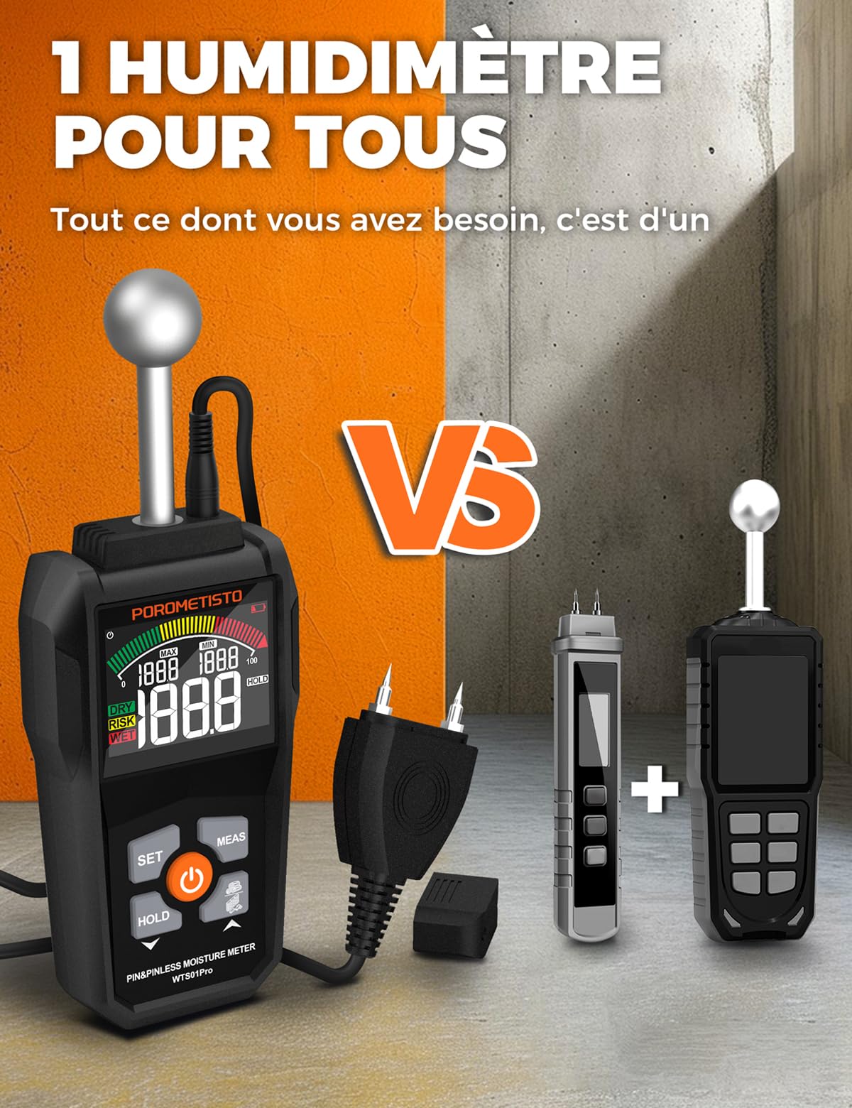 2 en 1 Testeur Humidité Sondes Sphérique et à Aiguilles,POROMETISTO | Testeur Humidité Mur de qualité industrielle,Testeur Humidité Bois, Détecte 20-40 mm Pour Bois,Mur,Plâtre,Parquet