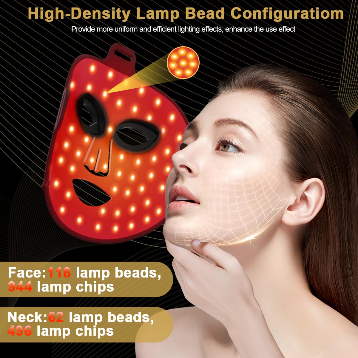 Masque LED pour Luminothérapie Visage et Cou, Masque à Lumière Rouge Infrarouge avec 180 Perles, 1440 Puces, Masque Led Visage Lumineux Réglable 470–850 nm（7 niveau), Flexible en Silicone