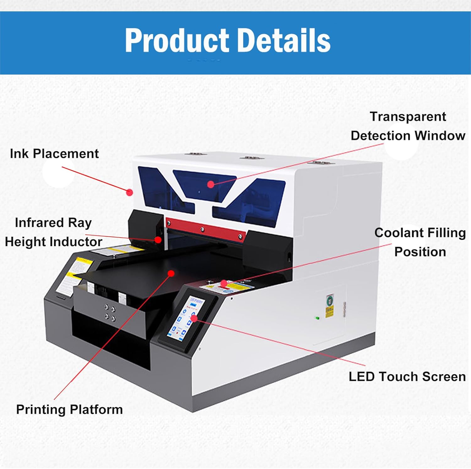 UV DTG Printer Machine, A4 L1800 UV Flatbed Printer with Bottle Holder, LED Touch Screen, 2880 * 1440dpi, for T-Shirt Bottles Acrylic Phone Case Wood Leather Metal Glass and More