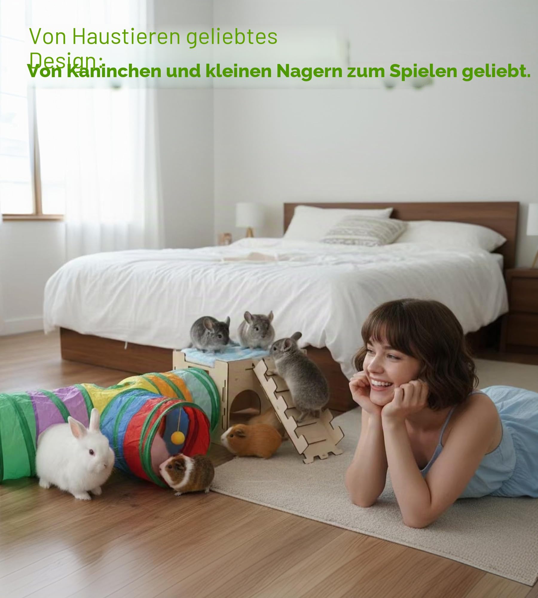 HIIMALEX 3 in 1 Geschenk für Hase Kaninchen Holzschloss mit Rampe, Plüschbett und Kollasiple Tunnel für Indoor Kaninchen Meerschweinchen Hamster Chinchilla Rennmaus Igel zum Spielen Verstecken und