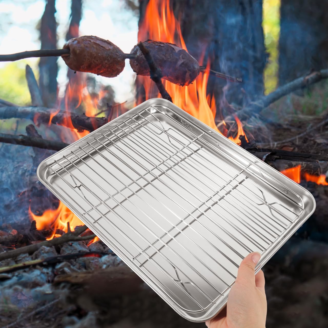 DOITOOL Lot de 1 plaques de Cuisson rectangulaires en Acier Inoxydable avec Support de Refroidissement Amovible 31 x 24 x 2,5 cm