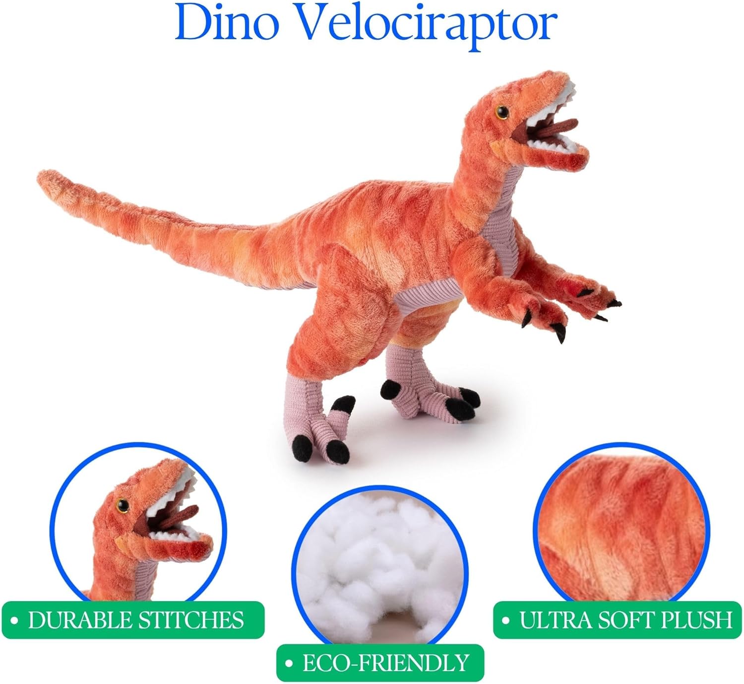 The Petting Zoo Velociraptor Stuffed Animal Plushie, Gift for Kids, Dinosaur Animals, Red Velociraptor Dinosaur Plush Toy, 15 inches