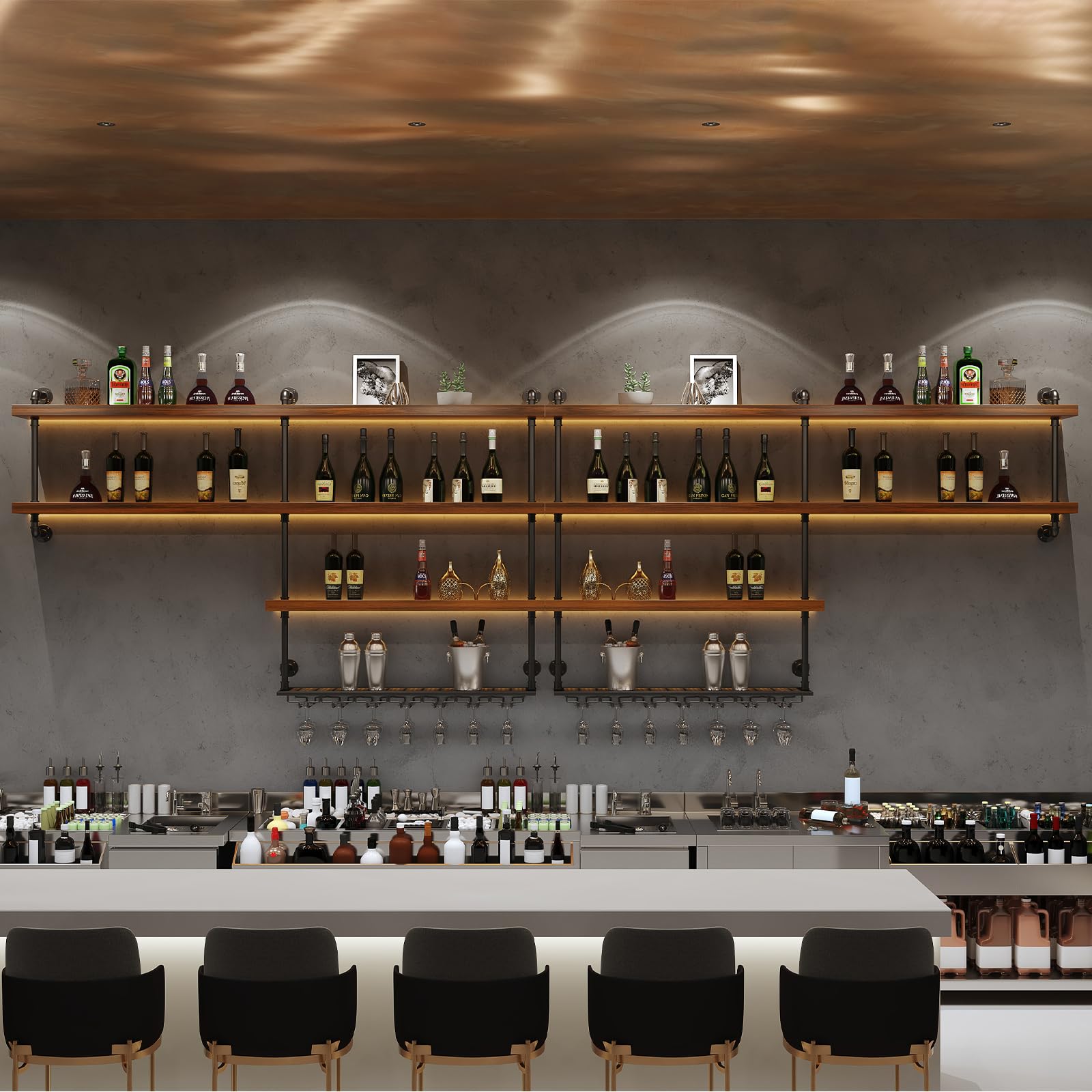 Casier à Vin Mural en Bois Massif, Porte-Bouteilles Muraux Industriels avec Lumière LED, Étagère à vin Murale vec Porte-Verre pour Cuisine Bar Salle (100 cm)