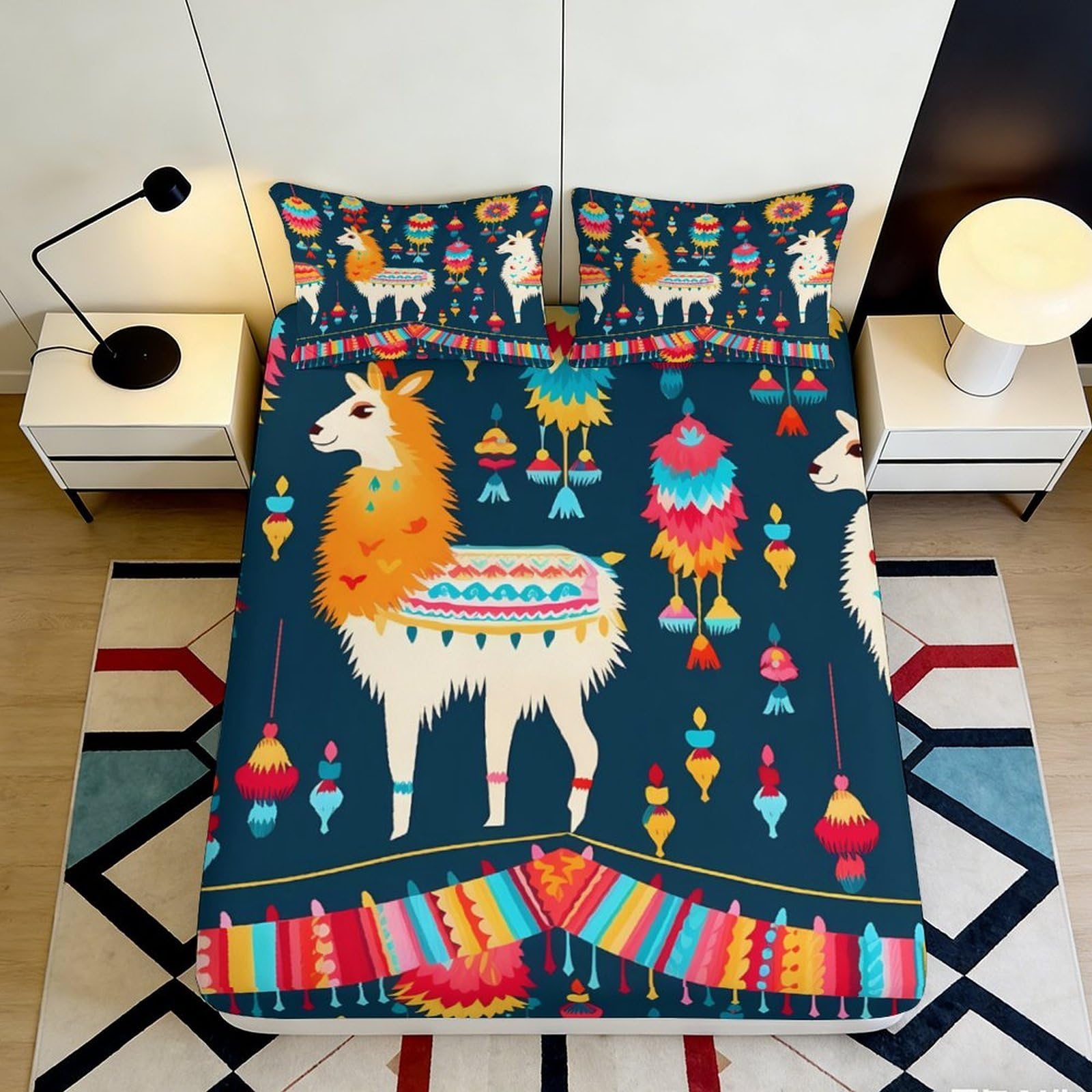 3D Printed Llama Tribal Fitted Sheet Microfiber Soft Breathable Boho Alpaca Mattress Cover for Bedroom Dorm Mattress Decor 120x200cm 90x200x25cm