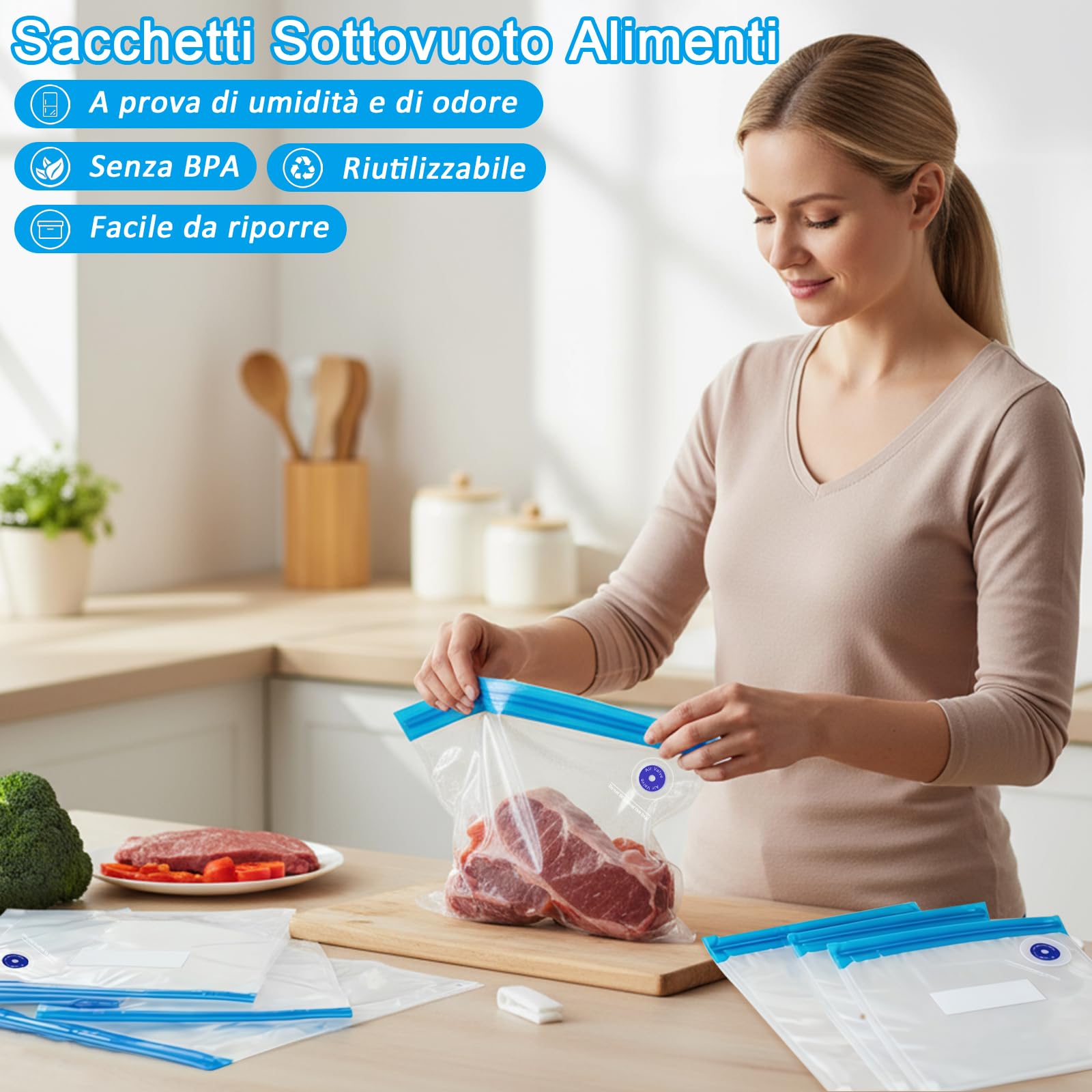20-pezzi Sacchetti Sottovuoto Alimenti: Buste Sottovuoto Alimenti con Valvola Riutilizzabili Senza BPA - per la Conservazione Degli Alimenti - Cucine Domestiche e Picnic(21x22/26x34cm)